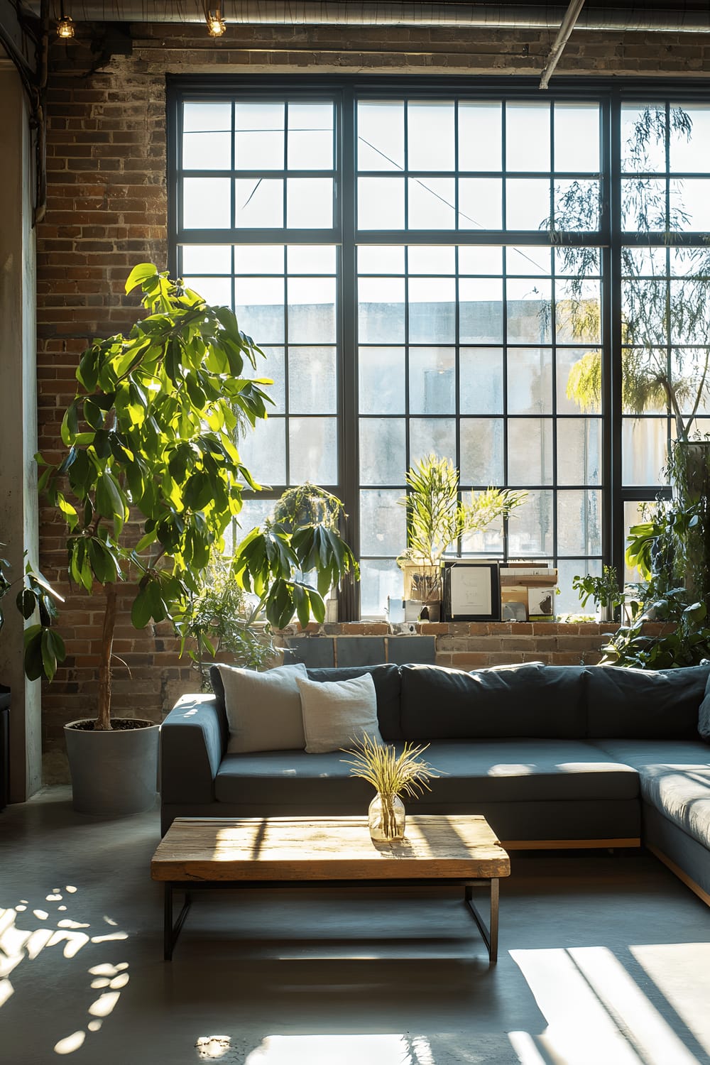 A minimalist, industrial living room featuring a charcoal gray sectional sofa on a concrete floor, a reclaimed wood coffee table, and a tall Traveler’s Palm plant next to large, metal-framed windows revealing the sunlight. Behind the couch, the space displays exposed brick walls and steel beams.