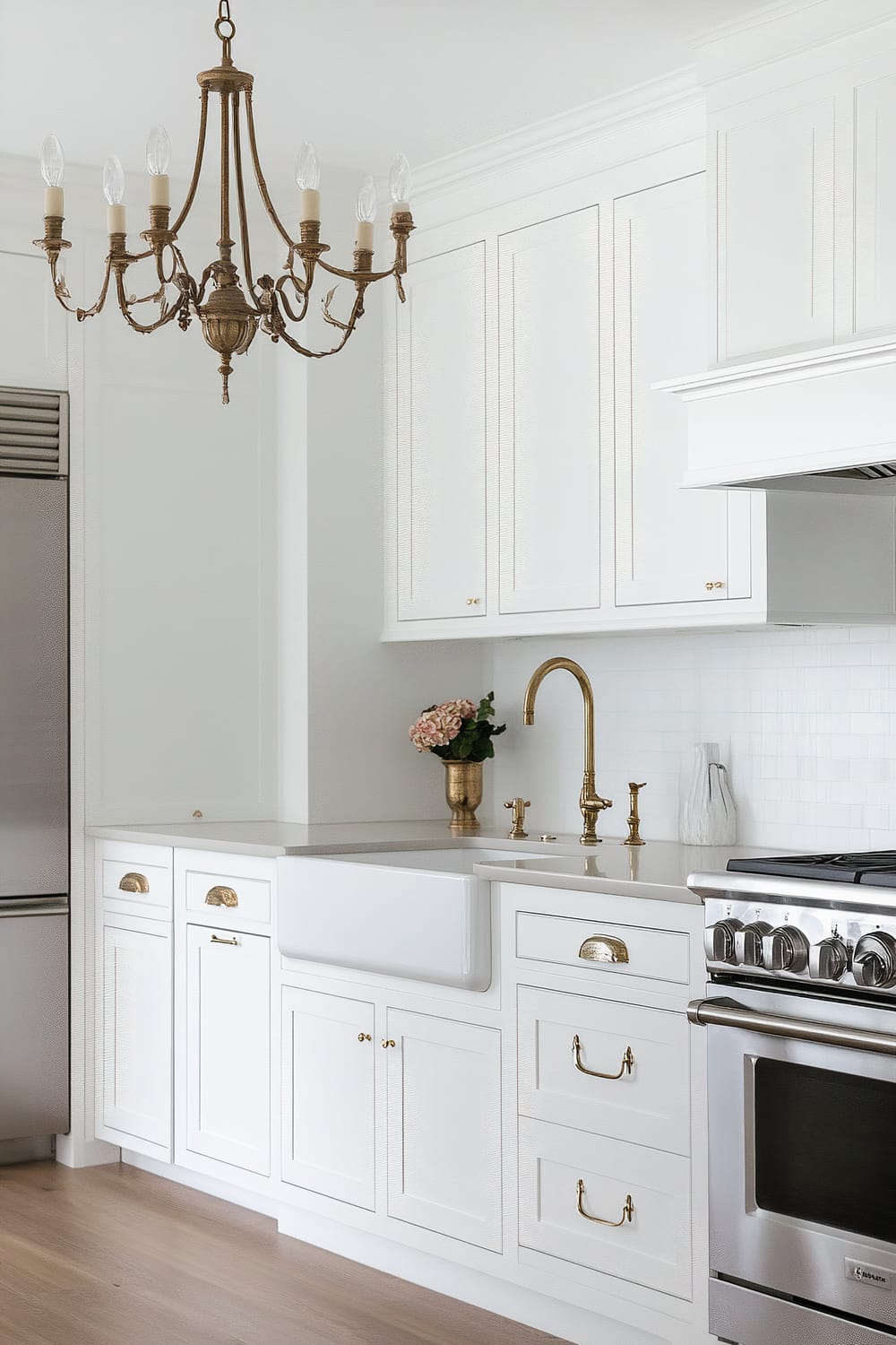 A luxurious and elegant white kitchen with a mix of traditional and modern elements. The white cabinetry features gold hardware, which adds a touch of opulence. A large farmhouse sink is complemented by a stylish gooseneck faucet. A stainless steel oven with a matching range hood is present on the right side. Above the sink, a collection of white upper cabinets reaches the ceiling, enhancing the room's vertical space. An intricate brass chandelier with candle-like bulbs hangs from the ceiling, providing a statement piece and a warm glow. A potted plant with pink flowers in a gold vase sits on the countertop, adding a natural element to the clean and polished aesthetic.