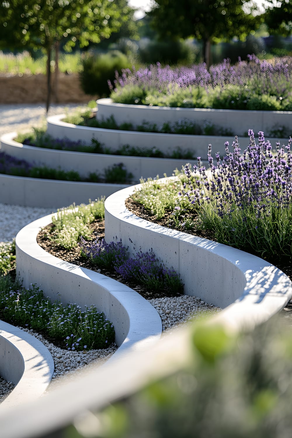 A modernly designed herb spiral garden with varying layers of different herbs including thyme, oregano, rosemary, sage, lavender, and bay laurel. The spiral is built with sleek concrete blocks and enveloped by minimalist gravel, under bright, natural lighting.