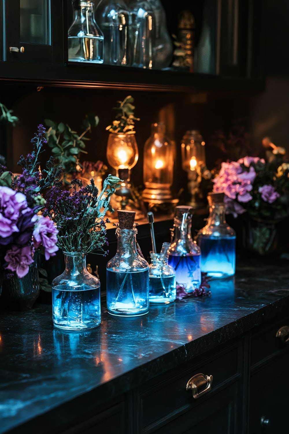 A sophisticated alchemical apothecary setup featuring glass bottles filled with luminescent blue liquids, displayed on a sleek black marble countertop. Antique tools and dark floral arrangements surround the bottles, with dramatic underlighting enhancing the eerie glow in an elegant Halloween theme.