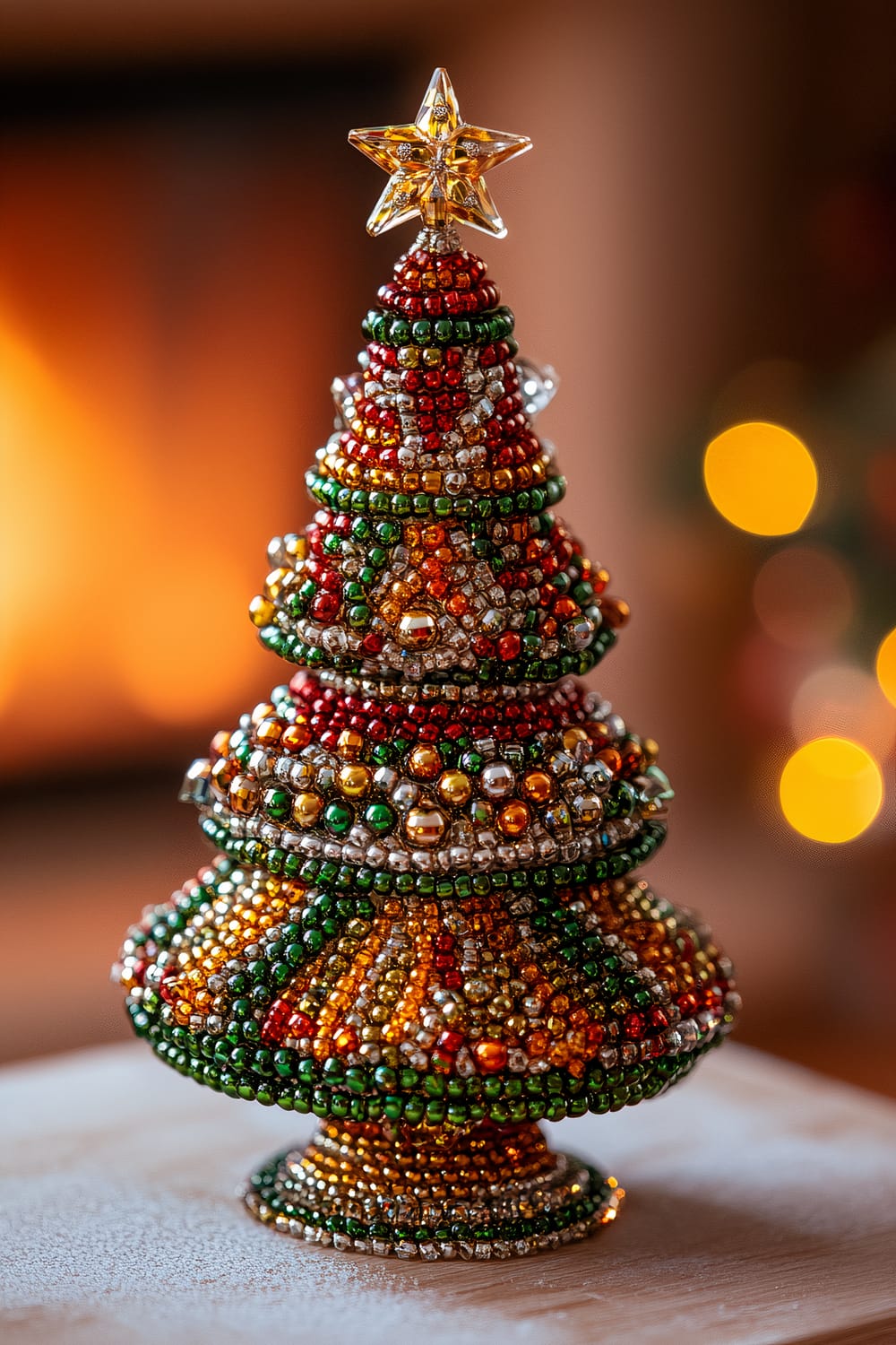 A handcrafted beaded Christmas tree figurine, decorated with intricate beadwork in rich shades of green, gold, and red, stands in front of a softly glowing fireplace. The beads catch the light, creating a shimmering effect. In the background, festive warm lights add to the holiday atmosphere.