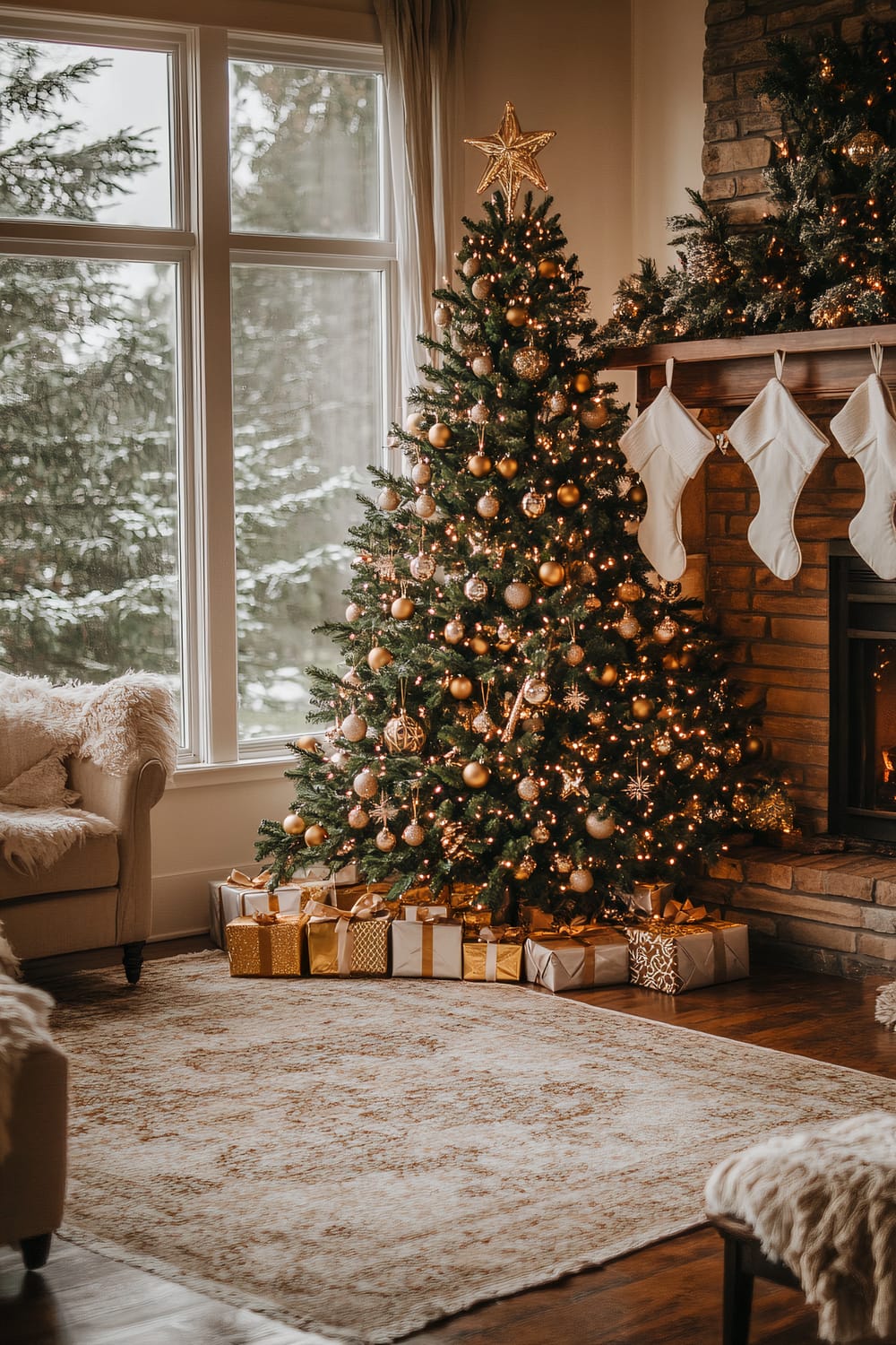 An elegantly decorated Christmas tree adorned with golden baubles, a star on top, and surrounded by wrapped presents, stands next to a stone fireplace with hanging white stockings. A large window reveals a snowy, wooded scene outside. The room features warm, earthy tones with plush seating and a cozy rug.