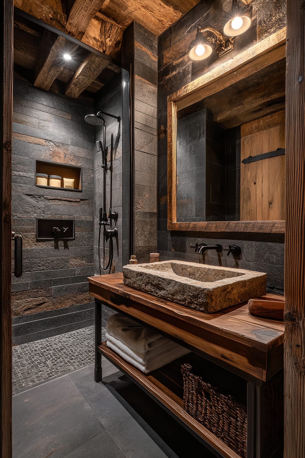 Rustic bathroom featuring a rough-hewn stone sink atop a wooden vanity. The room has dark stone walls and floor tiles, highlighted by warm wooden elements, including a ceiling with exposed beams. A modern black showerhead setup contrasts with the rustic appeal, and the wooden door adds a cozy cabin feel. Soft, warm lighting from wall-mounted lamps and recessed ceiling lights creates an inviting ambiance.