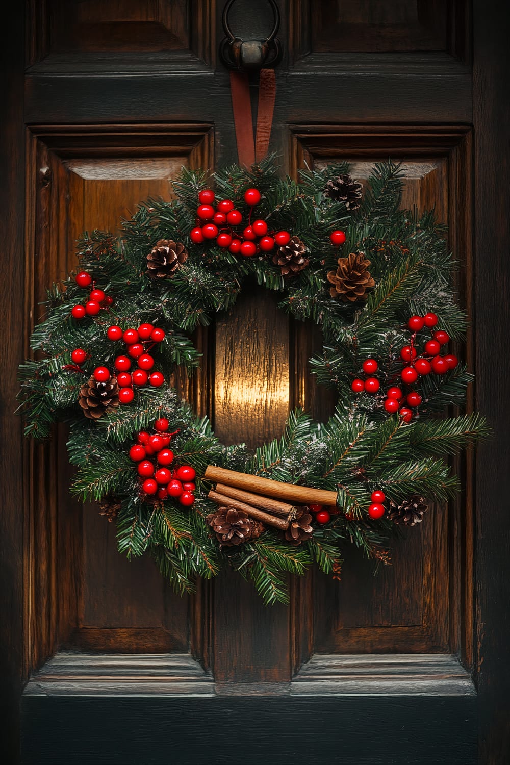 A Christmas wreath containing pinecones, red berries, and bundled cinnamon sticks, hung on a dark wooden door with a metal knocker.