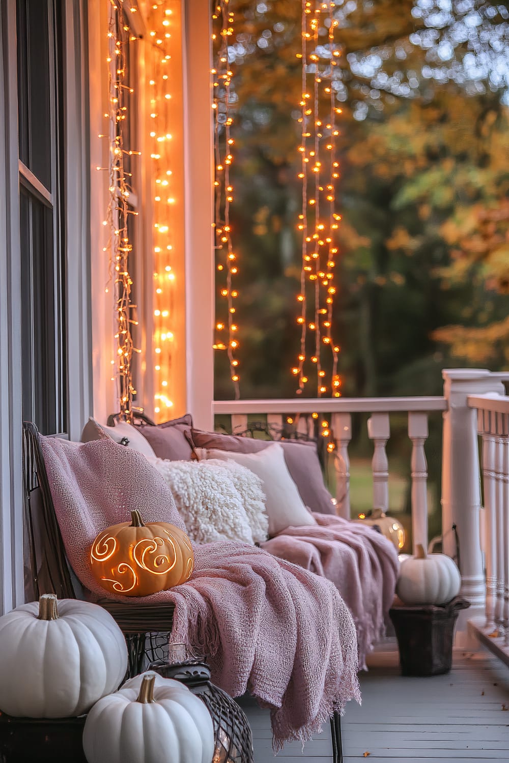 A charming outdoor porch decorated with warm orange string lights and pumpkins. The porch features a cozy sitting area with a bench adorned with soft pink throws and various pillows. Intricately carved pumpkins, both white and orange, are placed around the bench, adding to the festive autumn ambiance. The scene is set against a backdrop of autumn foliage.