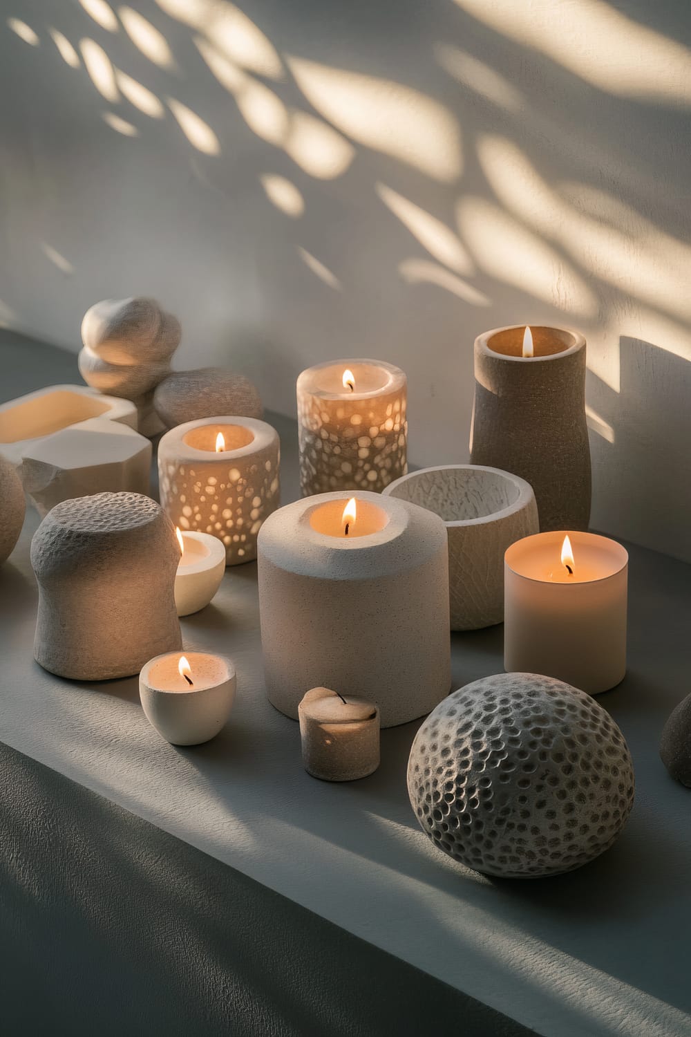 An arrangement of geometric-shaped neutral candles and ceramic ornaments on a matte gray surface with dramatic side lighting casting intricate patterns on the wall.