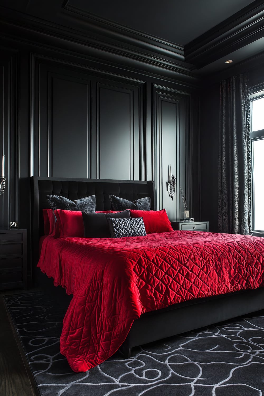 A sophisticated bedroom decorated for Halloween with a vampire-inspired theme. The bed features a crimson bedspread accented with black and dark grey pillows. The furniture is sleek and black. The room includes elaborate wall paneling and dramatic lighting that enhances the elegant, gothic atmosphere. A grey and black patterned rug complements the design.