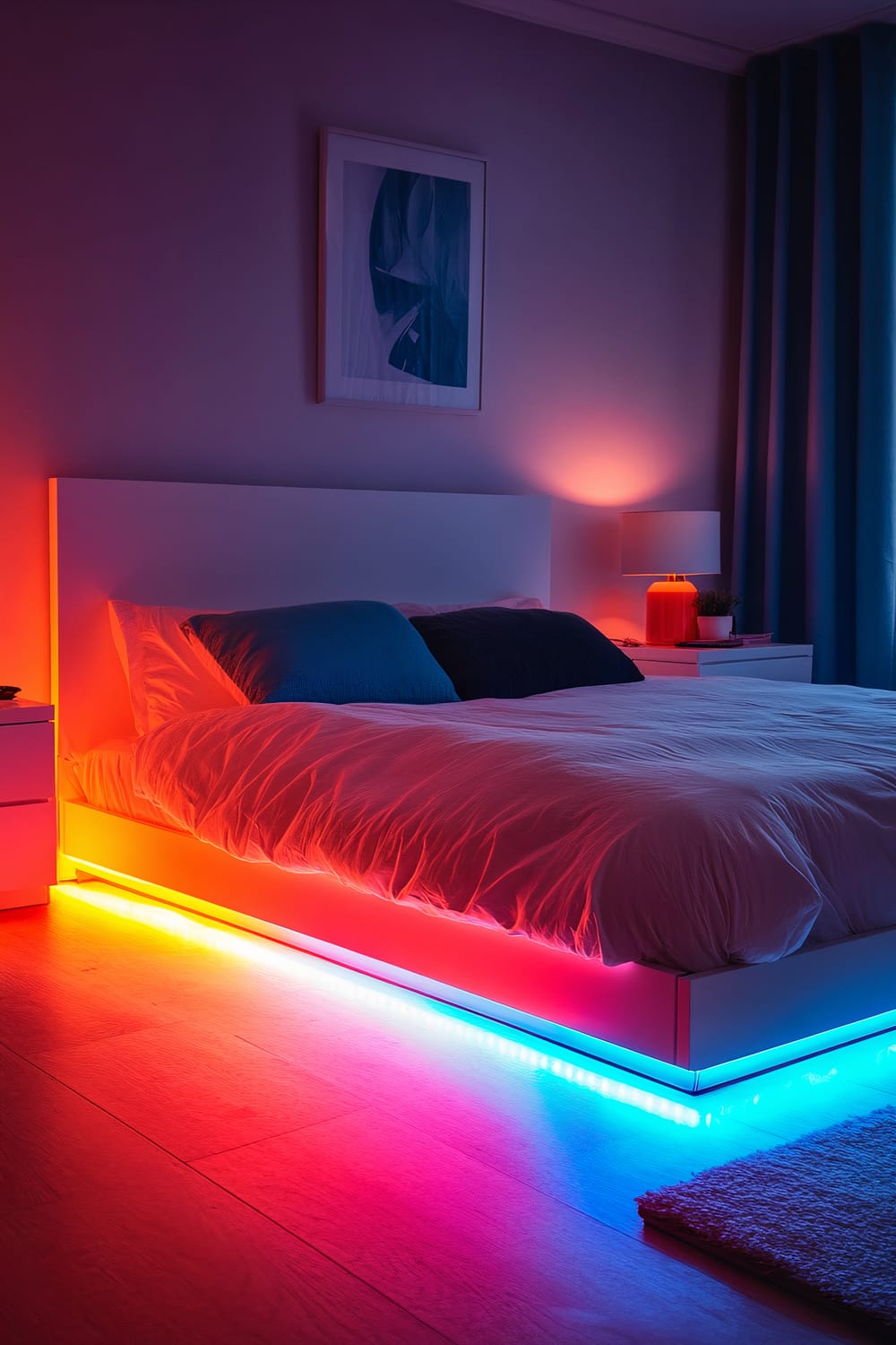 A modern bedroom featuring a white bed with LED lighting underneath that emits vibrant colors, primarily red, yellow, blue, and purple. The bed is set against soft grey walls and has white pillows and a white duvet. There is a modern white nightstand to the right of the bed with a lamp that emits an orange glow, and a small potted plant. The room also has floor-length blue curtains and a modern abstract painting mounted on the wall above the bed.