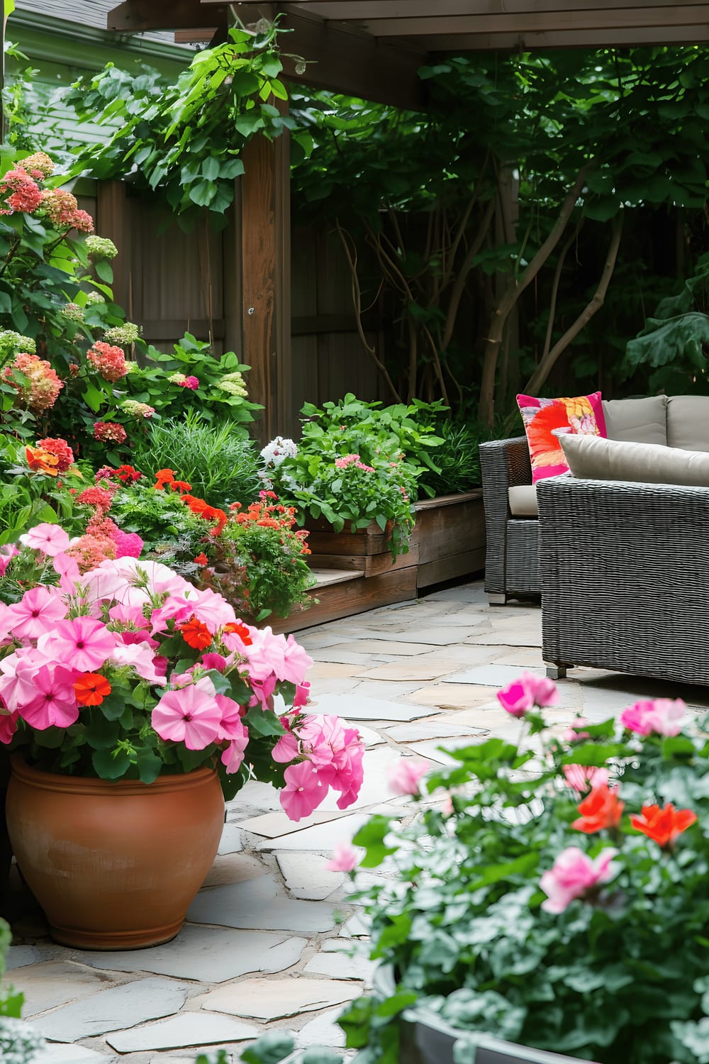 A lush arrangement of cascading pink and white petunias overflowing from a terracotta pot, placed in a small urban garden.