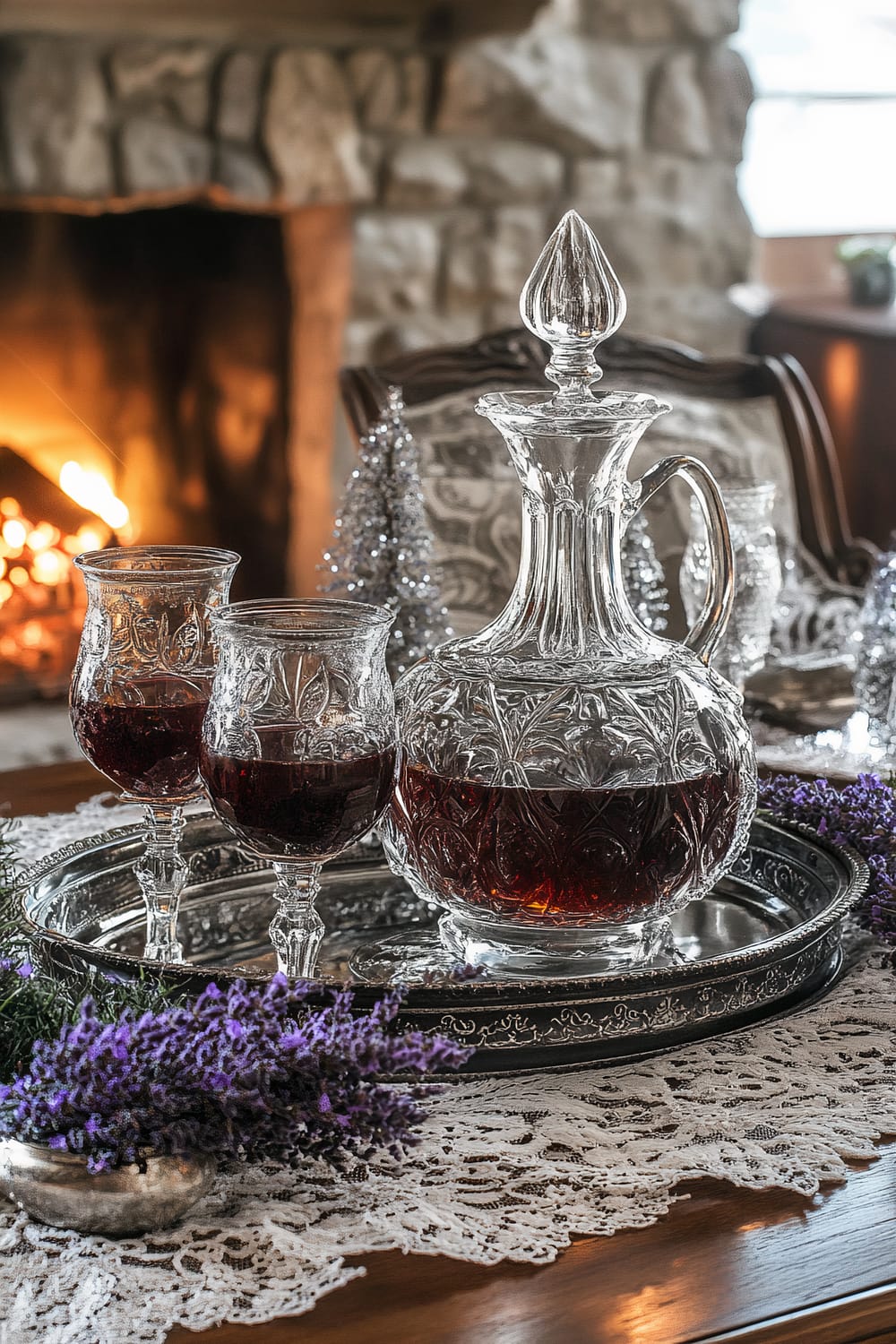 A luxurious ornate glass decanter filled with red wine sits on an intricately decorated silver tray. Accompanying the decanter are two elegant wine glasses, also filled with red wine, featuring similar intricate designs. The display is set on a wooden table adorned with a delicate lace table runner. Beside the tray, a bunch of fresh lavender adds a touch of nature to the scene. In the background, there is a rustic stone fireplace with glowing embers, providing a warm and inviting ambiance.