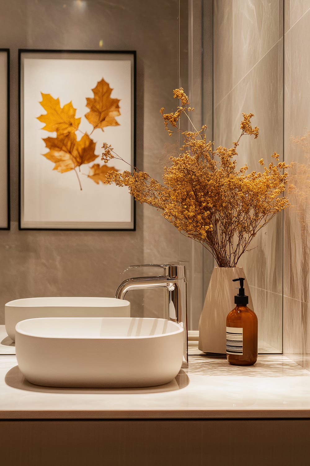 A stylish bathroom vanity area featuring a sleek white rectangular sink with a minimalist chrome faucet. Next to it, there is a brown glass soap dispenser and a beige vase holding a bouquet of dried yellow flowers, adding a touch of natural texture. In the mirror's reflection, there are framed artworks of autumn leaves, enhancing the warm, earthy tones. The walls are clad in light, textured tiles that create a sophisticated, serene atmosphere.