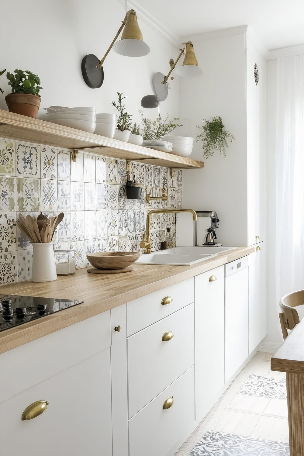 A stylish kitchen with white cabinets featuring brass handles, a light wooden countertop, and a backsplash adorned with patterned tiles in various light colors. Above the countertop, there is a wooden shelf holding white ceramic dishes and some potted plants. Two brass wall-mounted light fixtures illuminate the workspace, which includes a sink and a gas stove. A wooden bowl and a container with kitchen utensils are neatly arranged on the countertop. The flooring has a mix of wooden planks and decorative tiles.