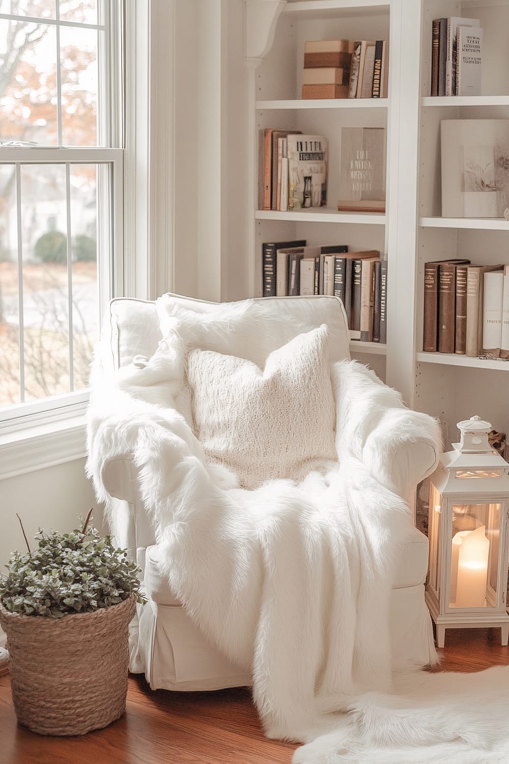 A cozy white reading nook features a plush white armchair draped with a soft white faux fur blanket. The chair is accessorized with a white textured pillow. A small white side table nearby holds a delicate white lantern with flickering candles inside. Natural light pours in from a large window, illuminating the space. The background includes white bookshelves filled with neatly arranged books and minimal decor. A basket with greenery sits on the wooden floor beside the chair.