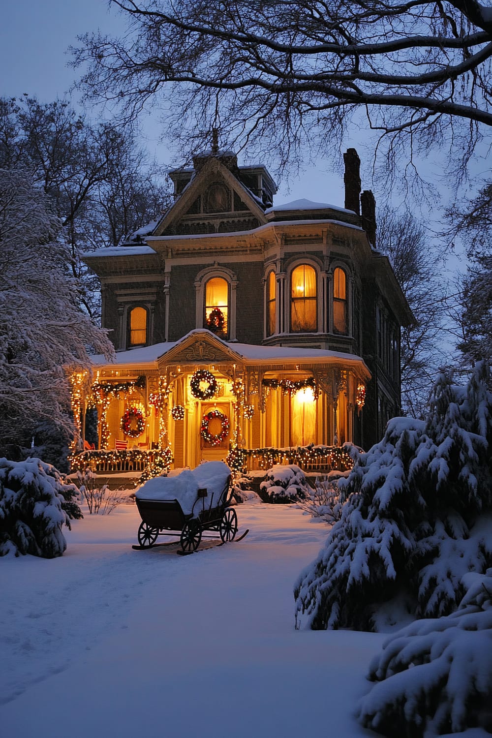 An ornate Victorian-style house is adorned with Christmas decorations, including wreaths and string lights, glowing warmly in the evening darkness. The house, covered in snow, stands amidst a snowy landscape with a light path leading to it. A vintage sleigh is positioned in front, also covered in snow. Trees surround the house, their branches barren and outlined with snow.