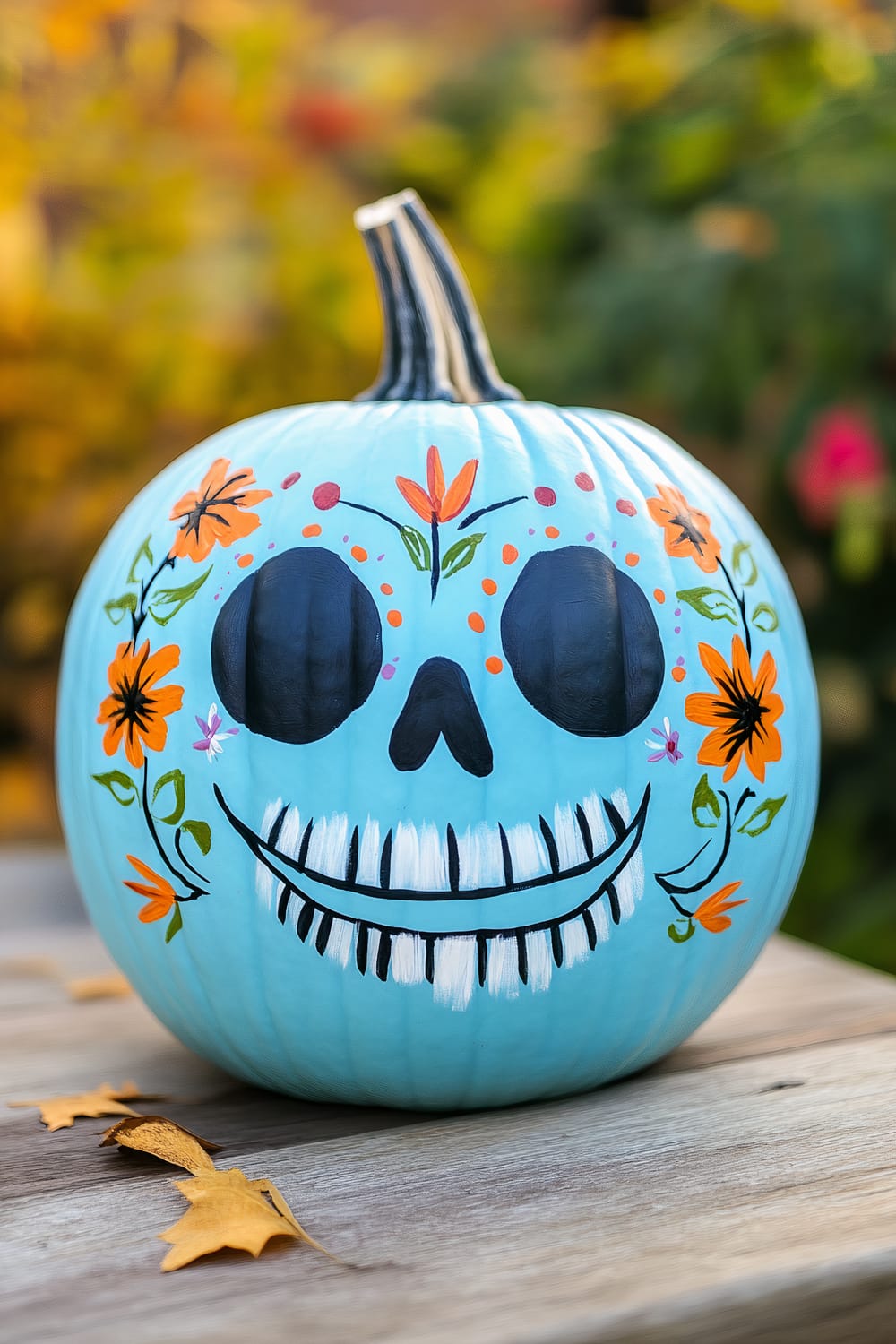 A blue-painted pumpkin decorated with a Day of the Dead-inspired design, featuring a smiling skull face with black eyes and nose, white teeth, and vibrant orange and red flowers with green leaves around the face.