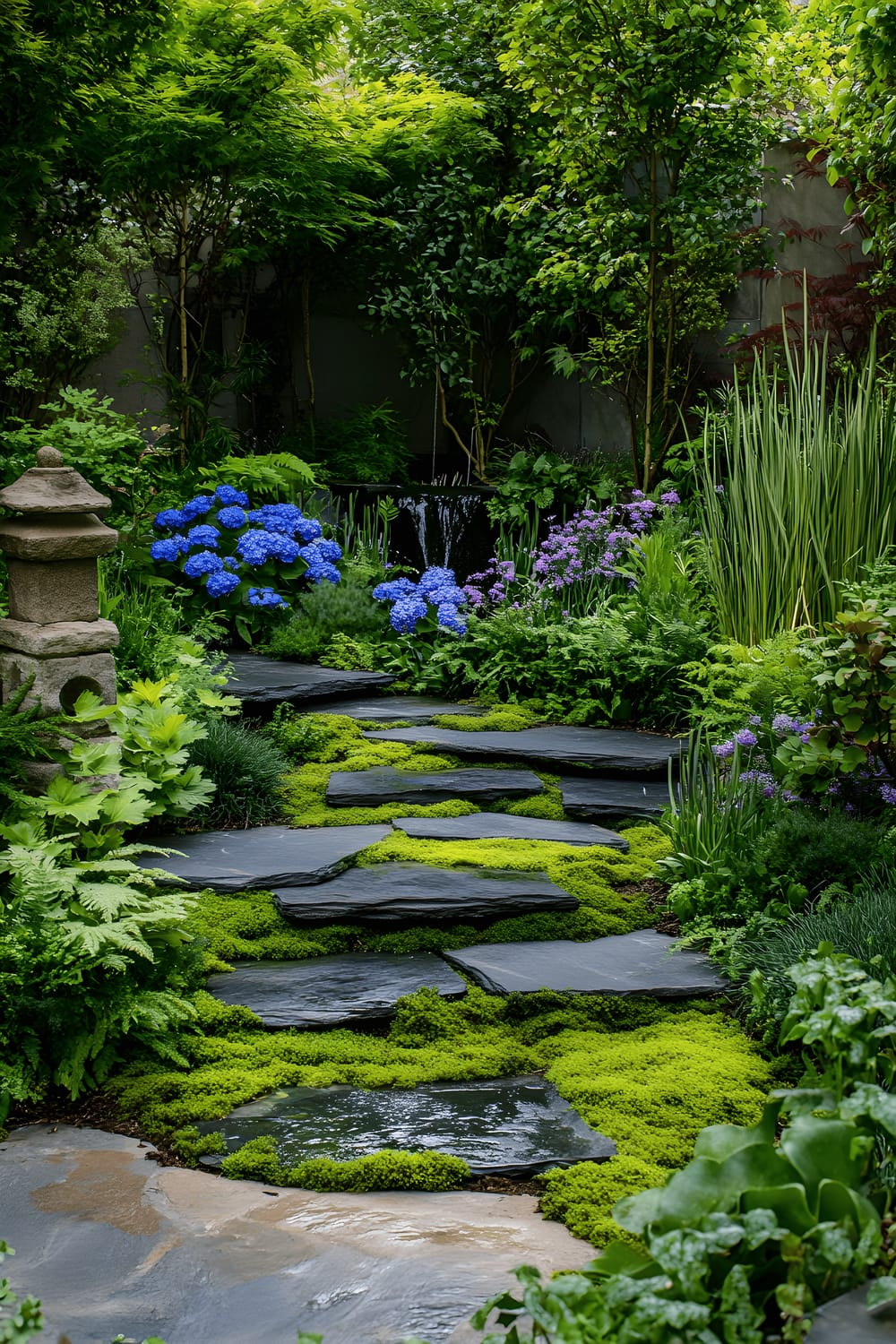 A sophisticated modern garden filled with a variety of plantings arranged in layers. The ground layer is covered with moss and succulents, mid-height is occupied by vibrant green and blue shrubs, while tall ornamental grasses sway elegantly at the top layer. Contemporary stone sculptures and minimalist water features provide accents throughout the space. All under bright natural lighting.