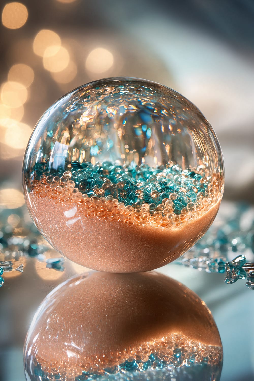 A transparent glass orb filled with peach-colored sand and teal glass beads sits on a mirrored surface. Soft backlighting creates a luminous effect, highlighting the interplay of peach and teal hues inside the orb. The background features bokeh lights in warm tones, adding to the ethereal ambiance.