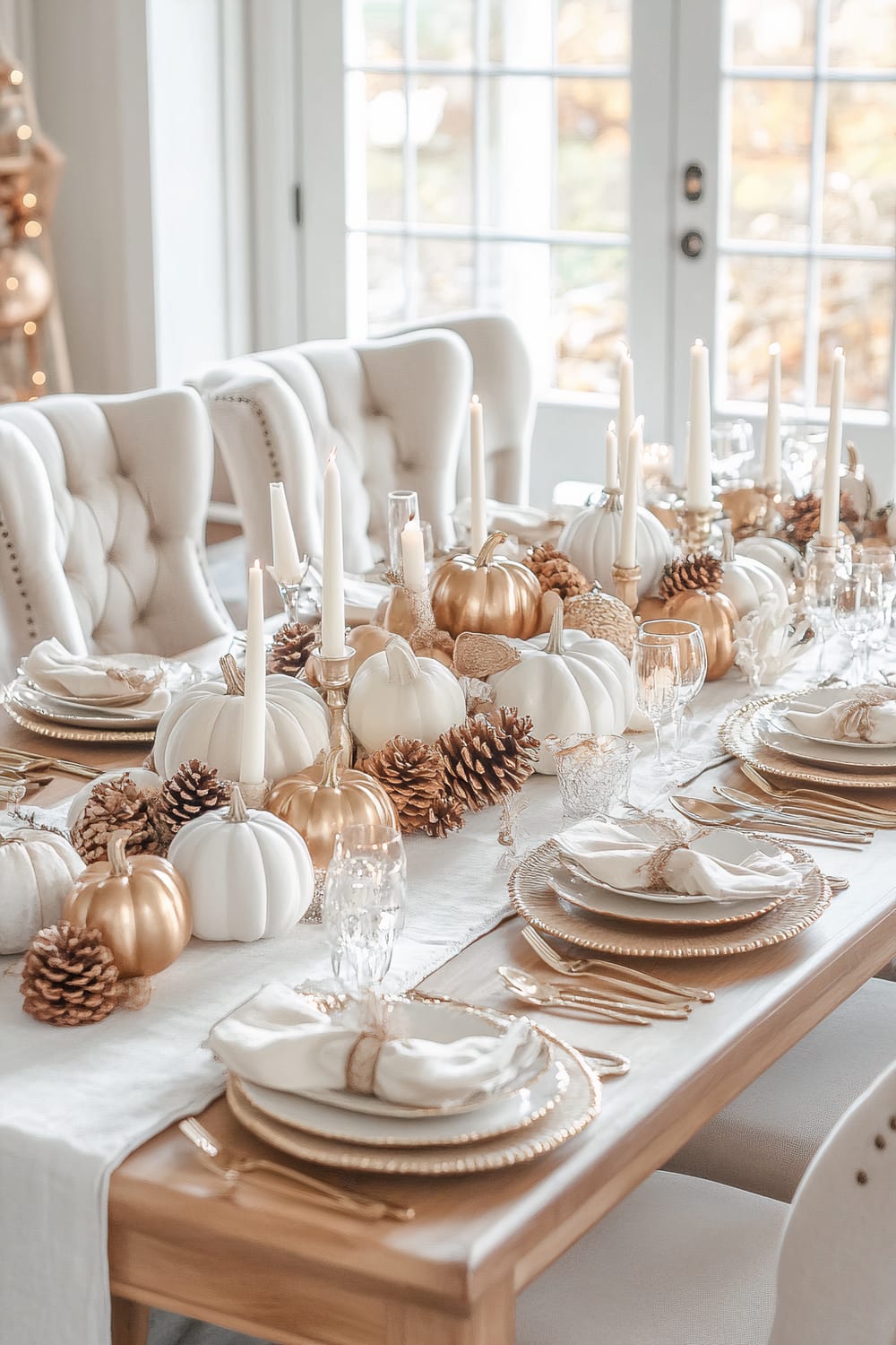 A beautifully set dining table for a festive occasion, adorned with white and gold pumpkins, pinecones, and white taper candles. The table features a cream-colored table runner, gold-rimmed plates, crystal glassware, and gold cutlery. The setting is light and airy with upholstered chairs and large windows in the background, allowing ample natural light to flood the space.