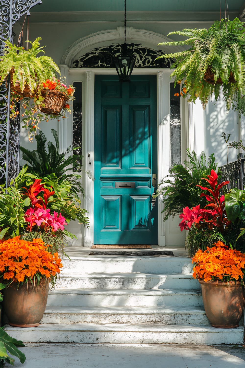 A vibrant front door painted in teal is framed by two white pillars and an ornate black wrought iron railing on the left. Surrounding the entrance are various lush plants in pots, including ferns, red and pink flowers, and bright orange blooms. Two hanging woven planter baskets on either side hold cascading green foliage and flowers. A black lantern is suspended above the doorway, and the white steps leading up to the door show some weathering.