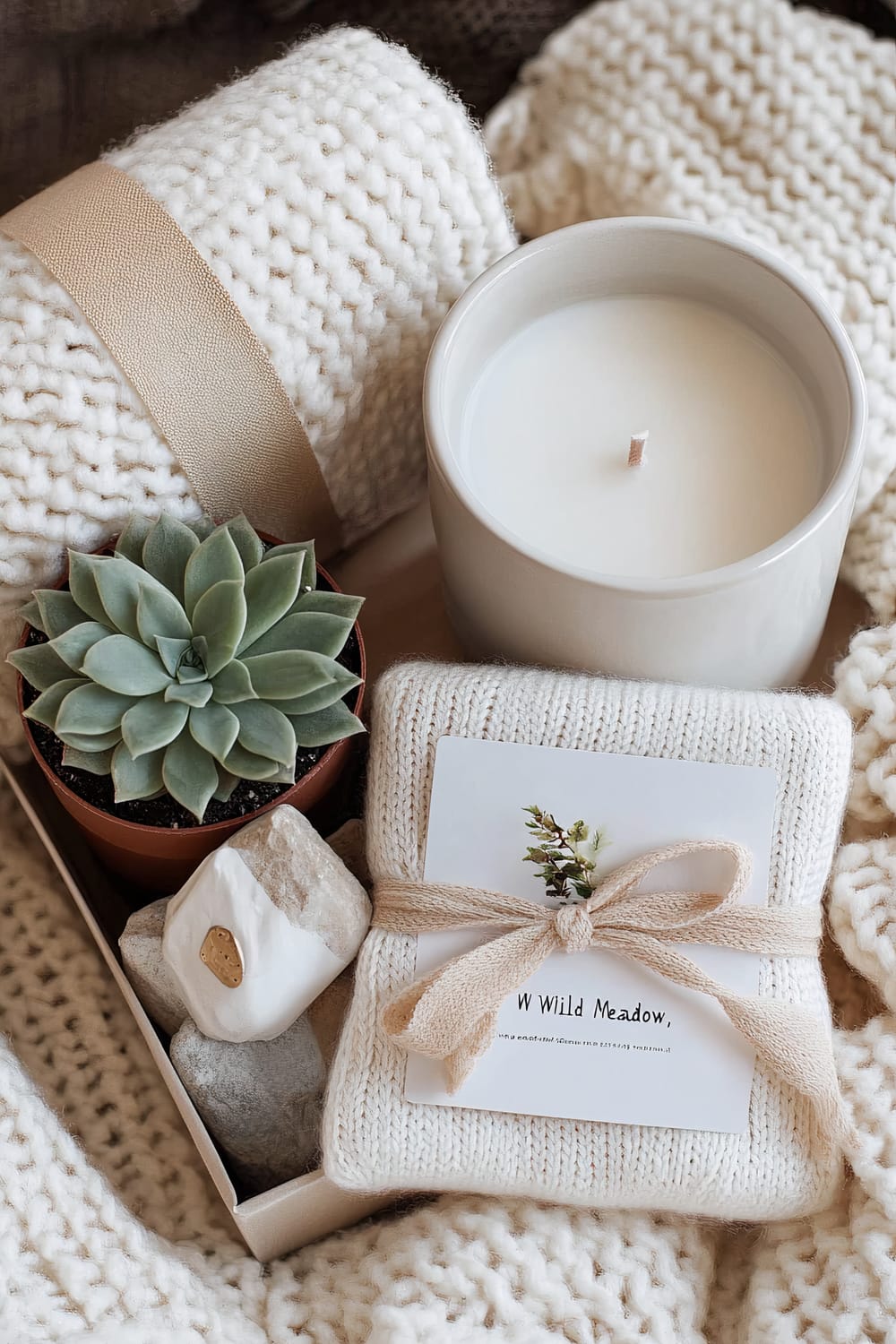 A gift set including a potted succulent, a large white candle in a white ceramic container, and a pair of cozy cream-colored knit socks tied with a beige ribbon. The items are placed in a box and surrounded by a thick, chunky cream knit blanket.