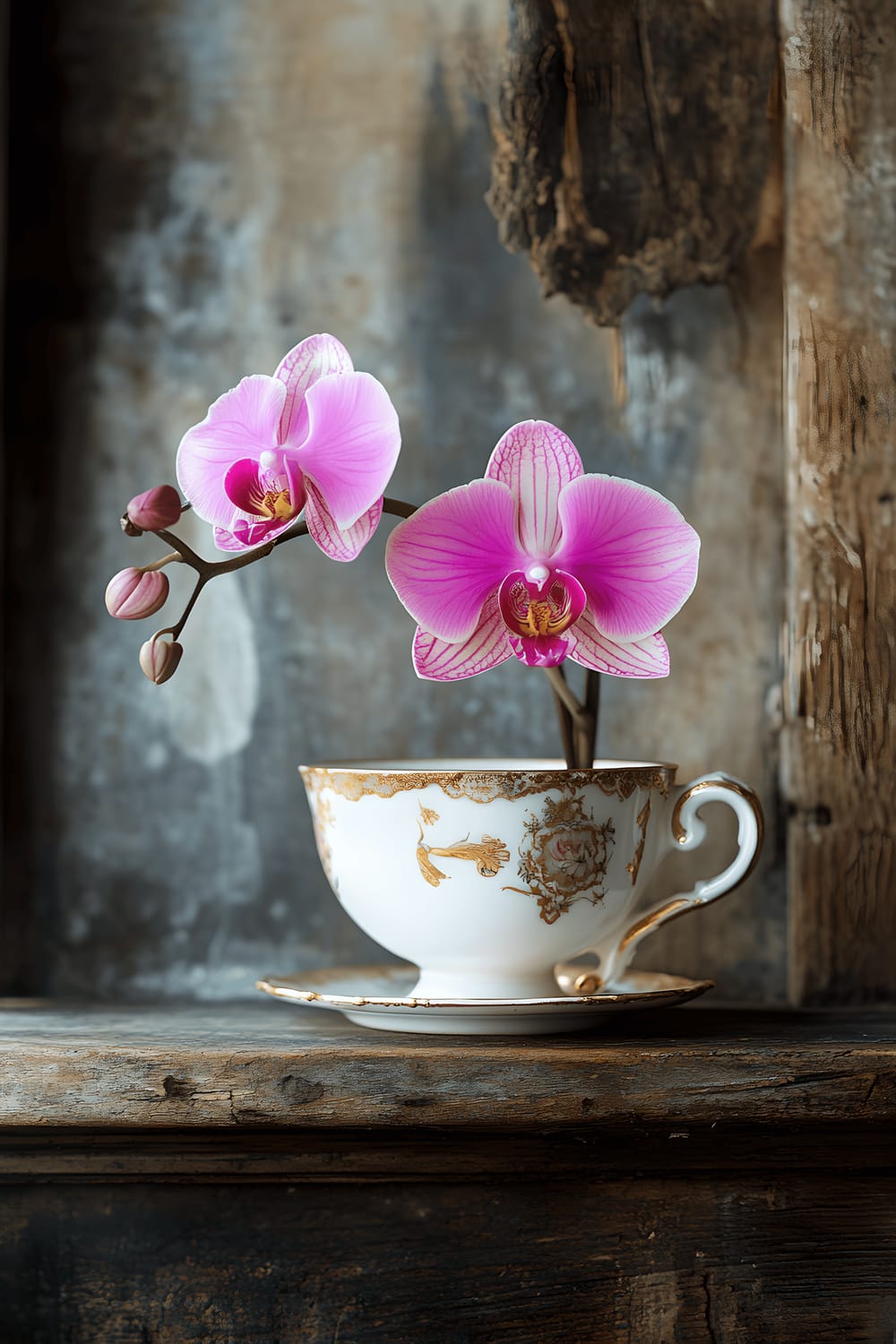 An antique white porcelain teacup with delicate gold trim holds a single vibrant pink orchid stem. It is positioned on a rustic wooden mantel, bathed in natural daylight lending a warm glow and stark contrast between the soft pink flower and the golden accents of the teacup.