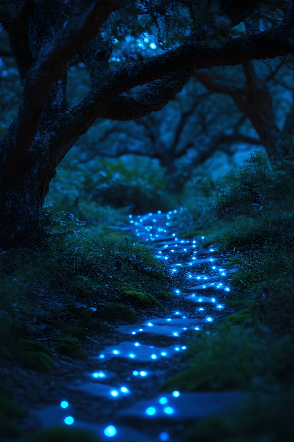 A magical twilight scene in a lush garden. A mossy stone path gently curves between towering, ancient oak trees. Tiny, luminescent fireflies dart through the air, and clusters of phosphorescent mushrooms dot the ground beneath the tree canopy. The entire scene is steeped in deep shades of blue, lending to the serene and enchanting atmosphere.