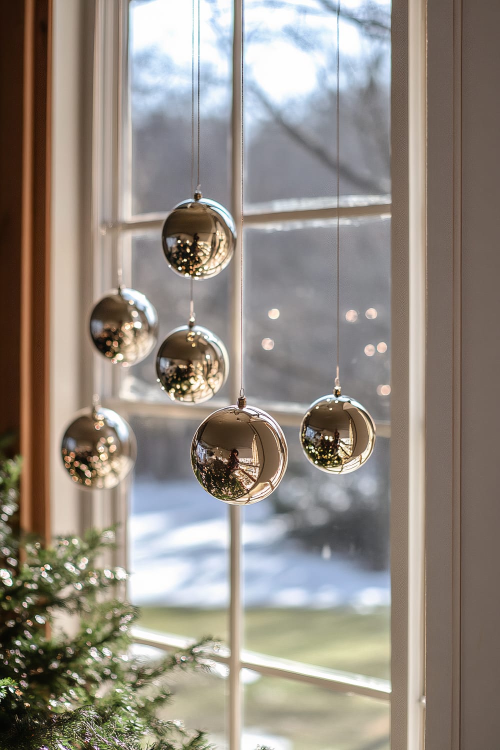 Six silver Christmas ornaments hanging in front of a window with a snowy landscape outside. Next to the window, the branches of a Christmas tree with lights are visible.