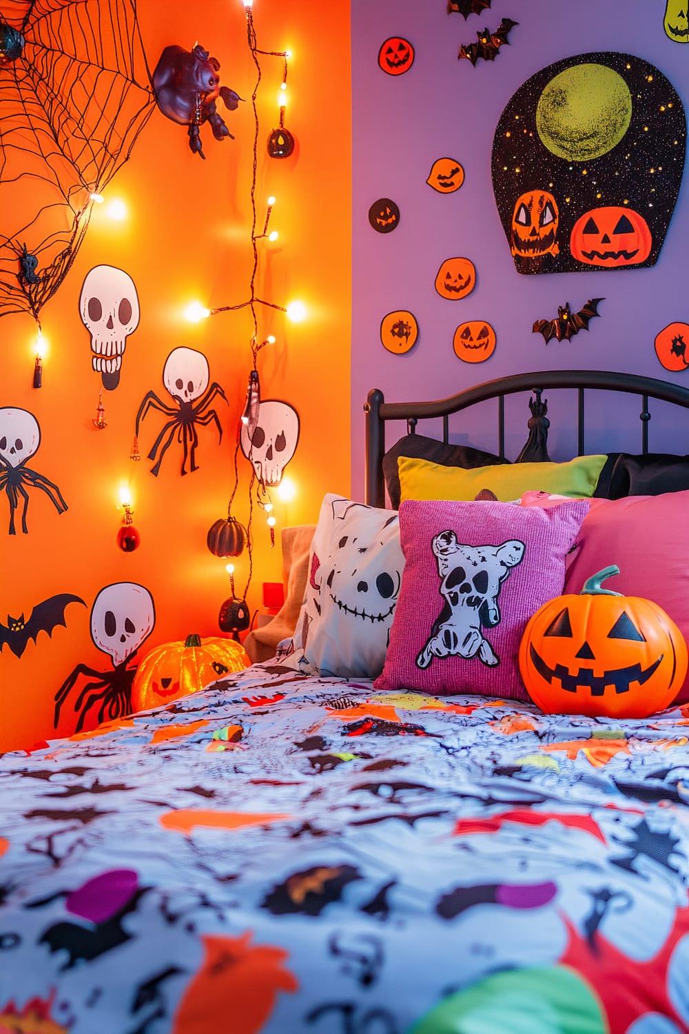 An indoor room with vivid Halloween-themed decorations. The left wall is orange with black spider web designs, skulls, spiders, bats, and string lights. The right wall is purple with images of jack-o'-lanterns, bats, and a large moon. A bed is covered with a Halloween-themed blanket and various themed pillows. A prominent carved pumpkin sits on the bed.