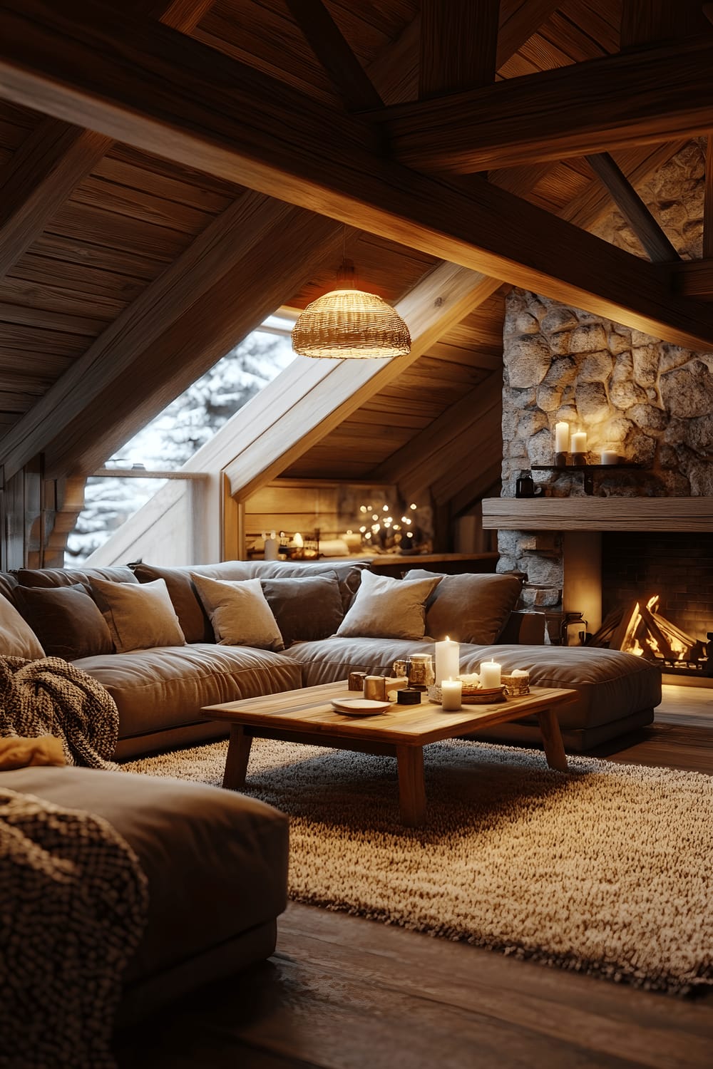 A warm, inviting rustic cabin lounge featuring exposed wooden beams and a grand stone fireplace. The room is furnished with a large, plush leather sofa, wooden coffee tables embellished with nature-themed decorations, and a chunky wool rug. The gentle, golden lighting emanates from table lamps and adds to the cozy ambiance, accentuated by a snug throw blanket draped over the couch.