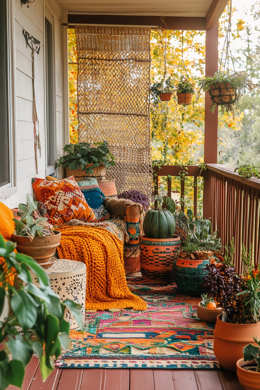 A small, vibrant porch decorated for autumn with a mix of colorful and eclectic elements. The space features an orange knitted throw blanket draped over an assortment of patterned pillows in various shades of orange, red, and blue on a cushioned chair. A macramé wall hanging acts as a divider, providing a backdrop to the space. Hanging plants cascade from the ceiling, adding greenery alongside an assortment of potted plants on the wooden floor and a small side table. A multicolored woven rug ties all the elements together, while the fall foliage outside adds a warm touch.