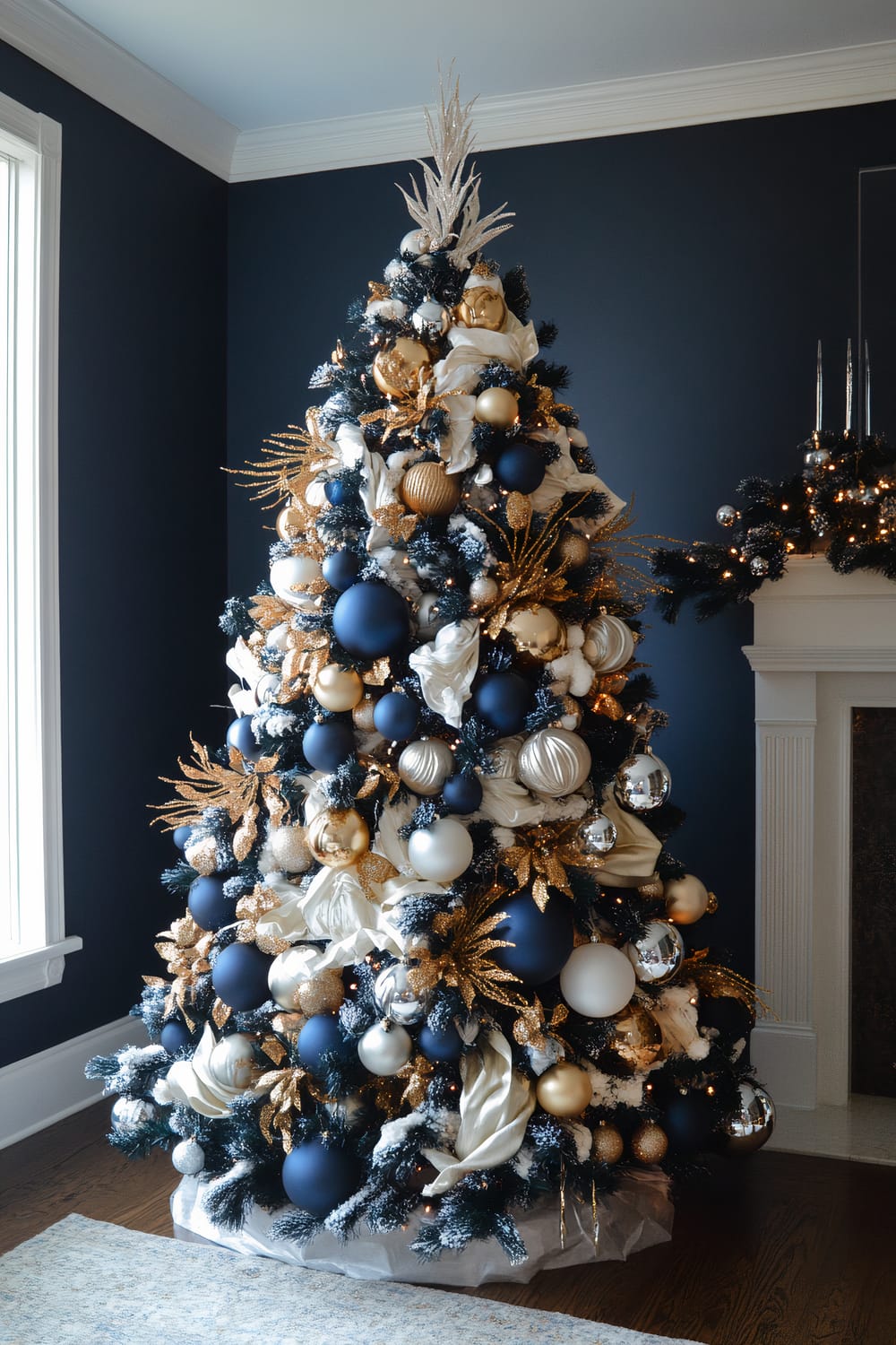 A Christmas tree lavishly adorned with a mix of navy blue, gold, white, and silver decorations. The dark blue ornaments accentuate the richness of gold accents which include glittering leaves and various textured baubles. White fabric is carefully draped around the branches, adding an elegant touch. Snow-dusted pine branches pair with metallic ornaments to create a sophisticated wintery ambiance. The tree stands near a window, with navy blue walls and a white-trimmed fireplace garlanded with coordinating ornaments and lights.