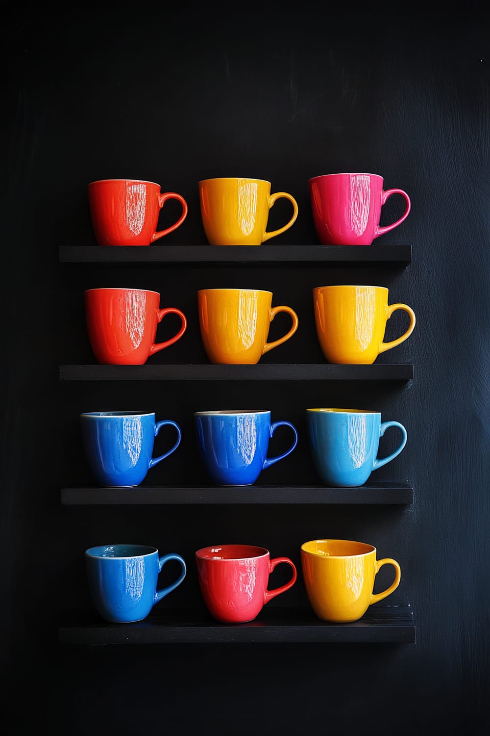 A collection of colorful ceramic coffee cups in vibrant hues such as red, yellow, magenta, and various shades of blue, neatly arranged on four black shelves against a dark background. The cups are well illuminated, emphasizing their bright colors in contrast to the dark setting.