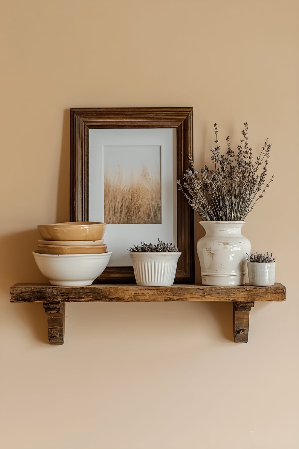 A farmhouse-style shelf crafted from reclaimed wood hangs against a pastel backdrop. The shelf holds an array of items including thrifted ceramic dishes, a distressed picture frame, and charming pots filled with dried lavender sprigs.