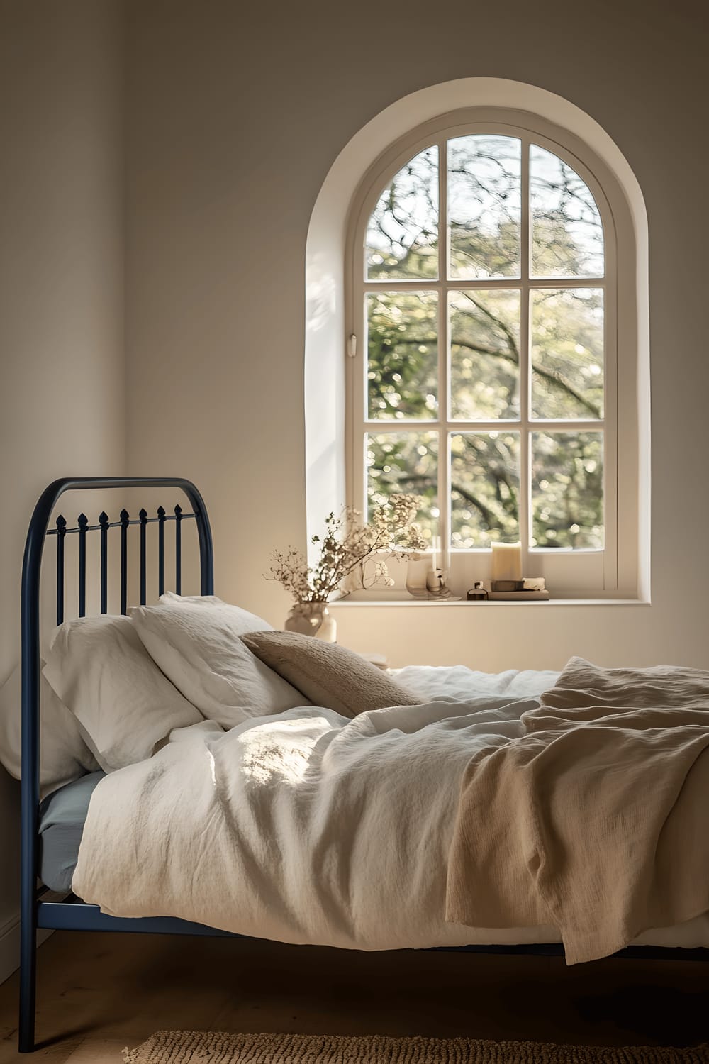 A reclaimed cobalt blue metal bed frame, newly polished, stands out against neutral linen bedding in a minimalist bohemian bedroom. The gentle shadows from an arched window further adds depth and interest to the scene.