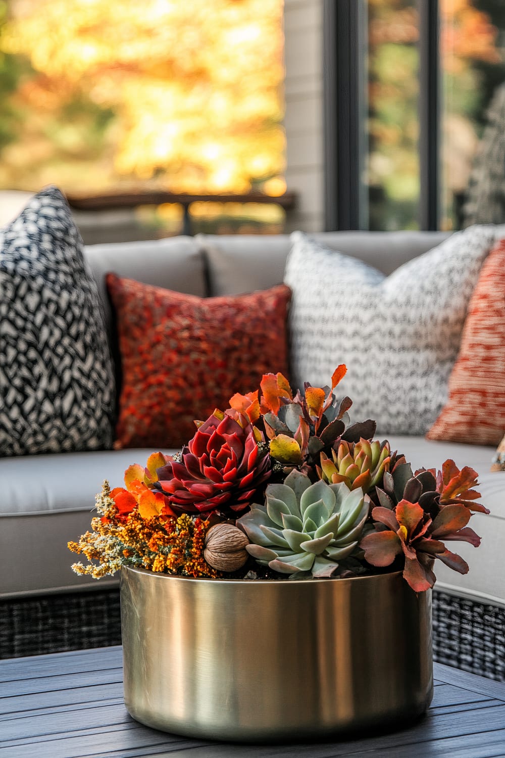 A close-up of an outdoor seating area featuring a modern, grey cushioned sectional sofa adorned with patterned and textured throw pillows in shades of black, white, and red. In the foreground, there is a metallic pot holding a vibrant succulent arrangement with red, green, and yellow hues, placed on a dark wooden coffee table. The background shows a blurred view of fall foliage.