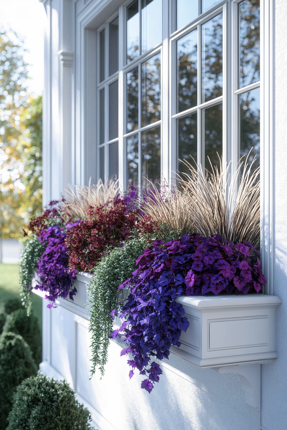 A detailed close-up of a window box planter attached to the exterior of a white house, filled with an array of vibrant flowers and plants. The window box is painted white and has a classic, paneled design, with lush greenery and vivid purple and red flowers cascading over the sides. Tall, ornamental grass adds height and texture to the arrangement. The background shows a well-maintained garden with neatly trimmed bushes and trees.