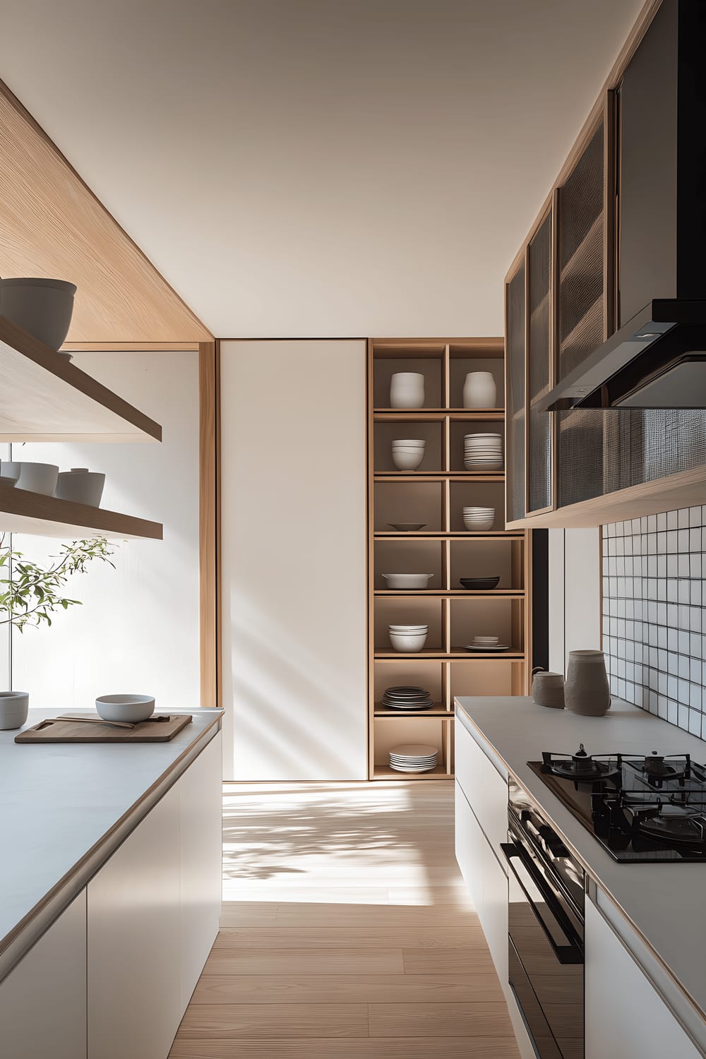 A well-lit, minimalist kitchen in a Tokyo apartment. The room features open white wooden shelves displaying an array of ceramic dishes and glassware. A sleek black stove is set against minimalist white cabinetry. A large window lets in copious amounts of natural light.