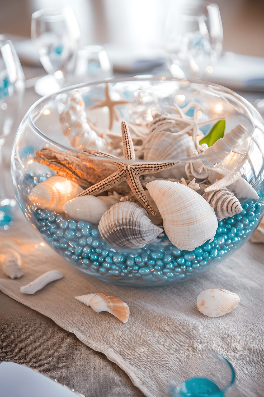 A stunning centerpiece inspired by the ocean, composed of an oversized glass bowl filled with iridescent seashells, starfish, and driftwood pieces of varying sizes. The bowl also includes teal and coral-colored glass beads and emits a soft, alluring glow from within from blue LED lights. The centerpiece is showcased on a sandy linen table runner, casting intriguing shadows in the soft, diffused natural light that filters in from a nearby window.