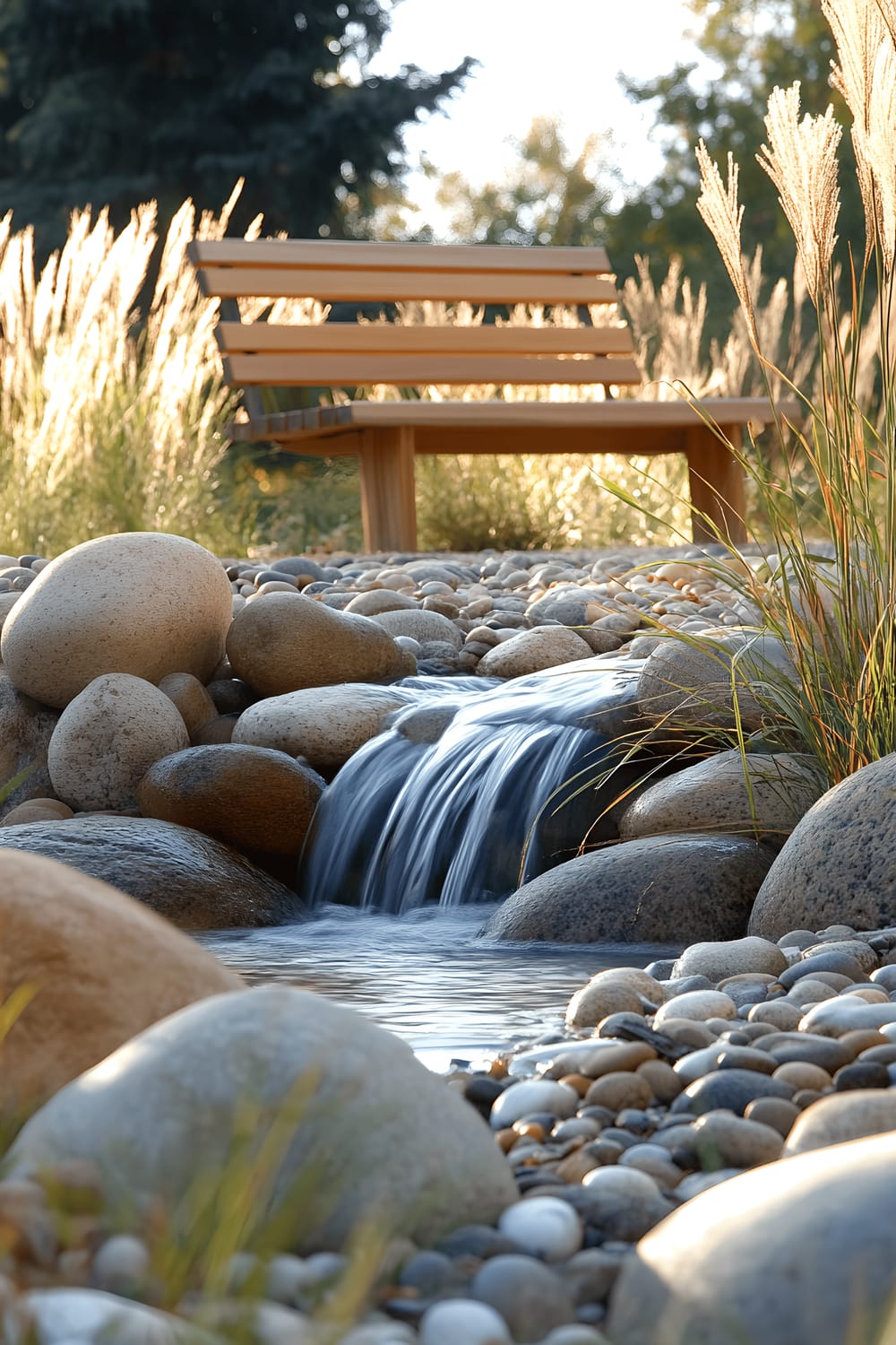 A serene outdoor meditation area featuring a small, subtly flowing waterfall surrounded by a collection of sizeable river rocks and smooth pebbles. A humble wooden meditation bench is placed in close proximity, faced towards the calming water feature. The landscape is garnished with tall, wind-touched grasses. The point of view from behind the bench encapsulates the soothing movement of the waterfall and the tranquil atmosphere bathed in subdued morning light.