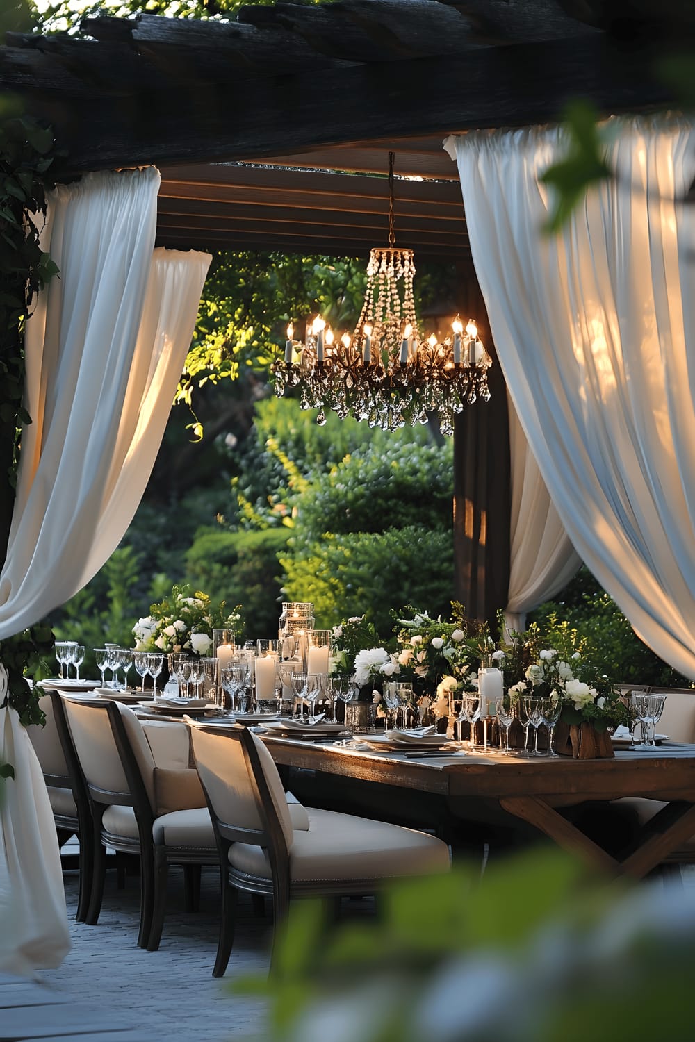 An evening snapshot of a sophisticated outdoor dining setting under a pergola with flowing white curtains. The long wooden table is adorned with stylish dinnerware, crystal glasses, and a floral centerpiece accompanied by candles. Surrounding the table are comfortable upholstered chairs in neutral tones. Green foliage and soft ambient lighting add to the intimate atmosphere.