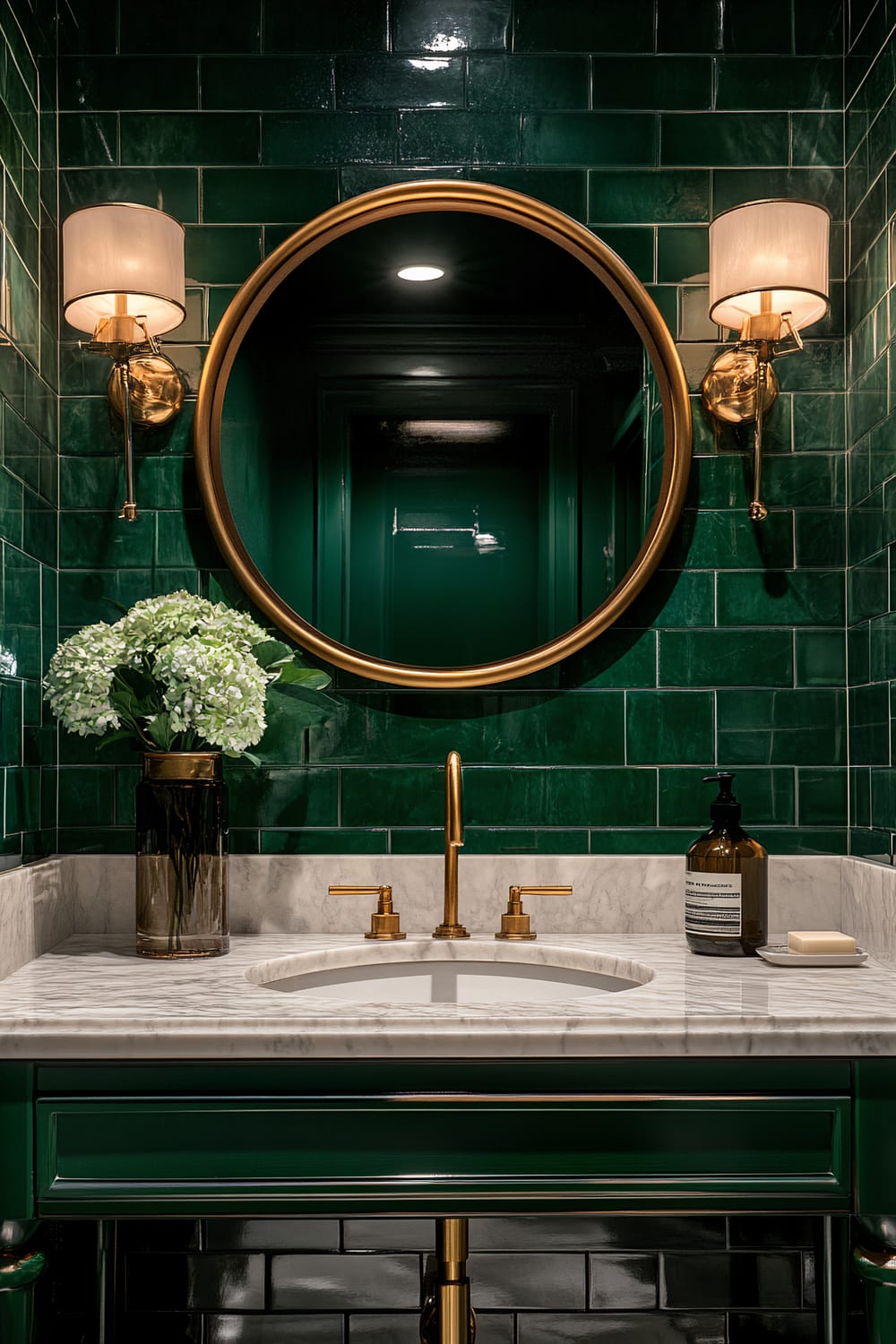 A bathroom interior featuring a marble countertop with a built-in sink and gold fixtures. Above the sink is a circular mirror with a gold frame, flanked by two brass wall-mounted light fixtures with white lampshades. The walls are covered with glossy green subway tiles. On the left side of the counter is a vase with white flowers, and on the right side is a bottle of hand soap and a soap dish with a bar of soap.