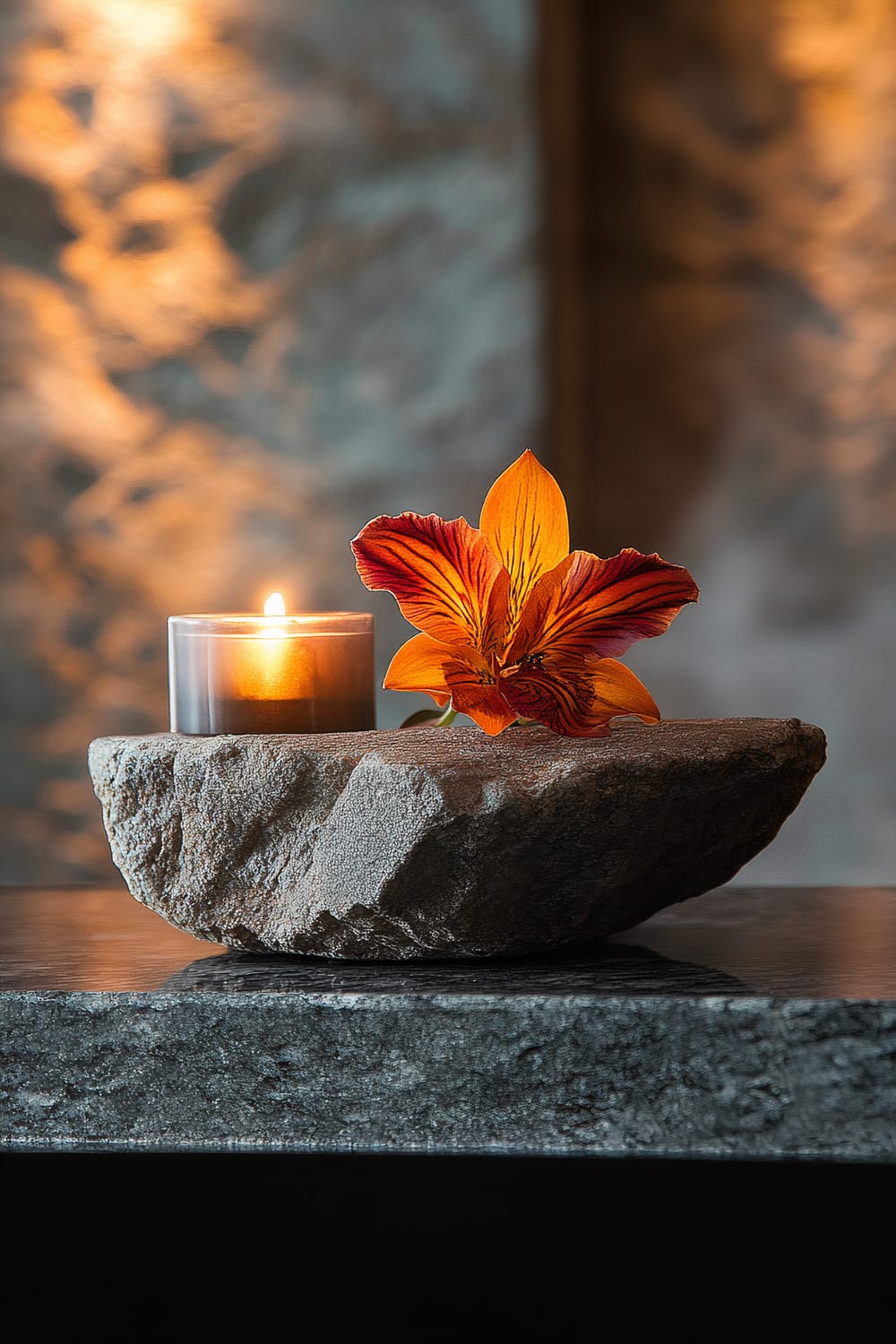 An elegant display featuring a smooth granite slab with a vibrant, orange and red fall flower and a slim lit candle atop it. The focused lighting highlights the texture of the stone and the vivid bloom against a softly illuminated, patterned background.