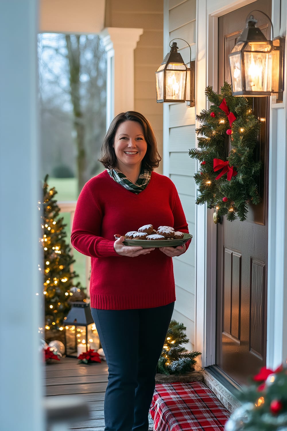 A woman in a red sweater stands at an open door on a Christmas-decorated porch. She holds a plate of cookies and smiles warmly. The porch is adorned with a traditional red and green wreath, glowing lanterns, small evergreen trees with white lights, and a plaid blanket draped over a bench.