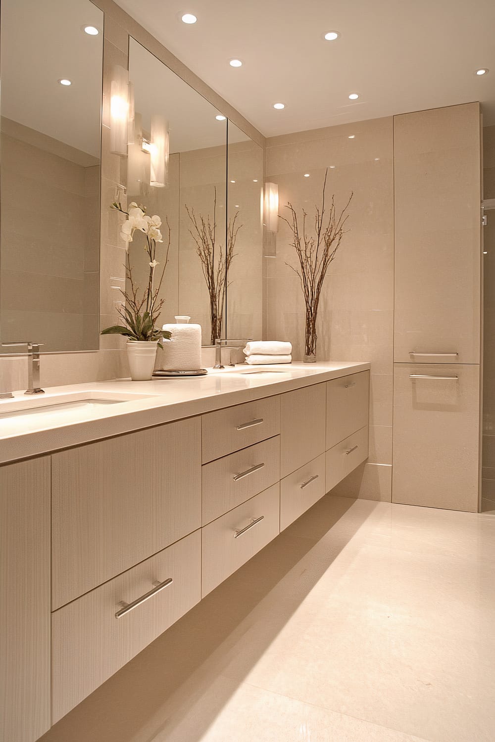 A sophisticated and modern bathroom with beige tiling and a long, light-colored vanity featuring multiple drawers and sleek metallic handles. The countertop is adorned with neatly stacked white towels, a potted orchid, and a vase with tall, bare branches, adding minimalistic yet elegant decor. Large, expansive mirrors with integrated soft lighting give the space a bright and airy feel, complemented by recessed ceiling lights and wall-mounted sconces, which create a warm and inviting ambiance.