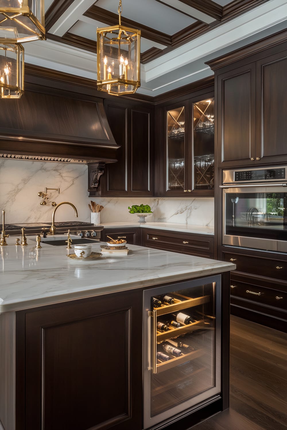 A luxurious kitchen features dark wooden cabinets with a polished finish. The central island, fitted with a built-in wine cooler, has a white marble countertop. Brass fixtures, including a faucet and lighting, add elegance. A white marble backsplash with subtle veining coordinates with the countertop. Glass-fronted cabinets display fine glassware, and a professional-grade oven is integrated into the cabinetry. Greenery adds a touch of color, and tableware decorates the island.