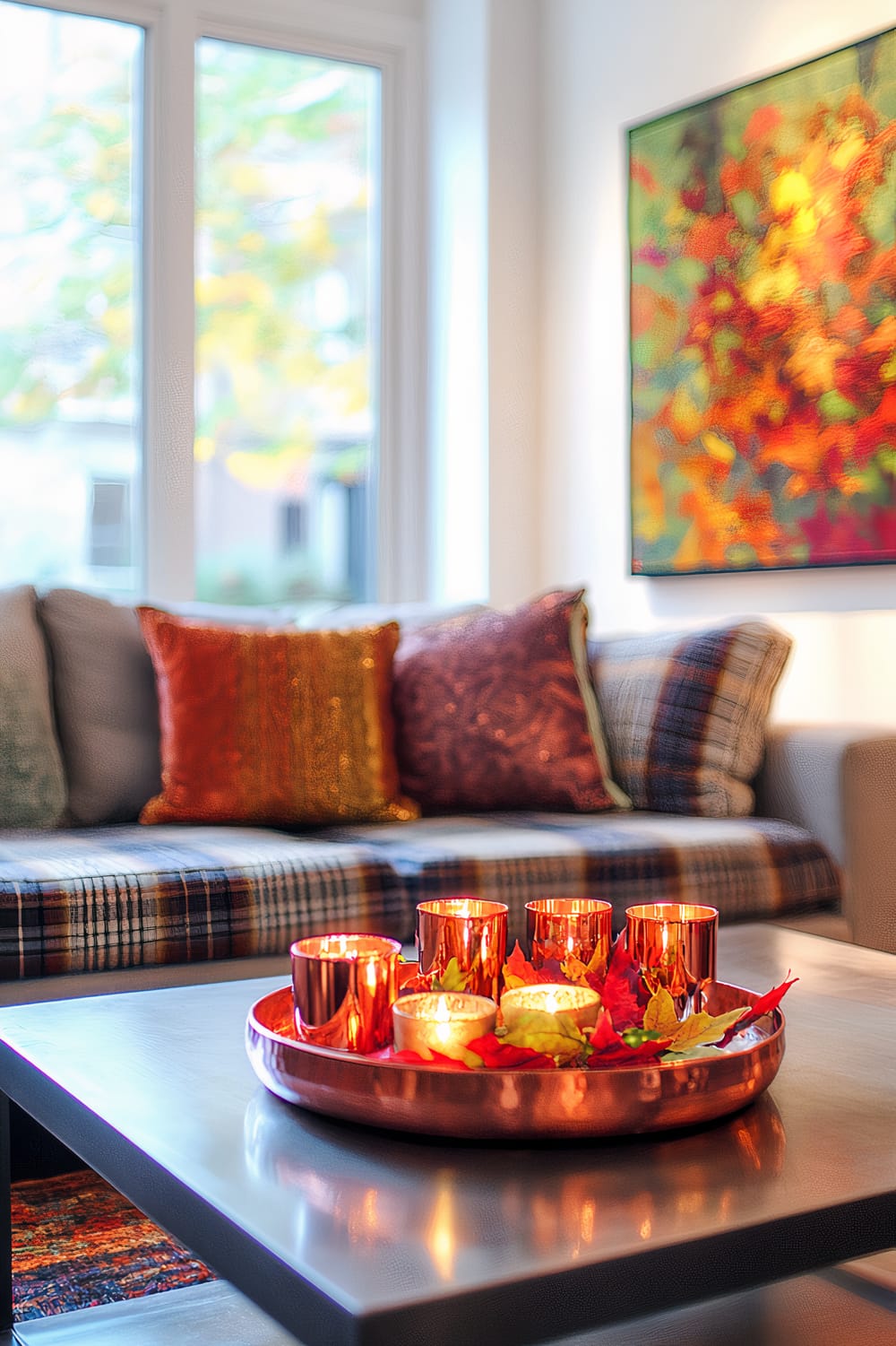 The image showcases a modern living room decorated for a family Thanksgiving gathering. A minimalist sofa with plaid cushions and autumn-toned throw pillows sits against a large window that allows natural light to enter. A steel coffee table in the foreground holds a tray with copper candles surrounded by colorful autumn leaves. The wall features vibrant artwork with rich fall colors, enhancing the seasonal theme of the room.