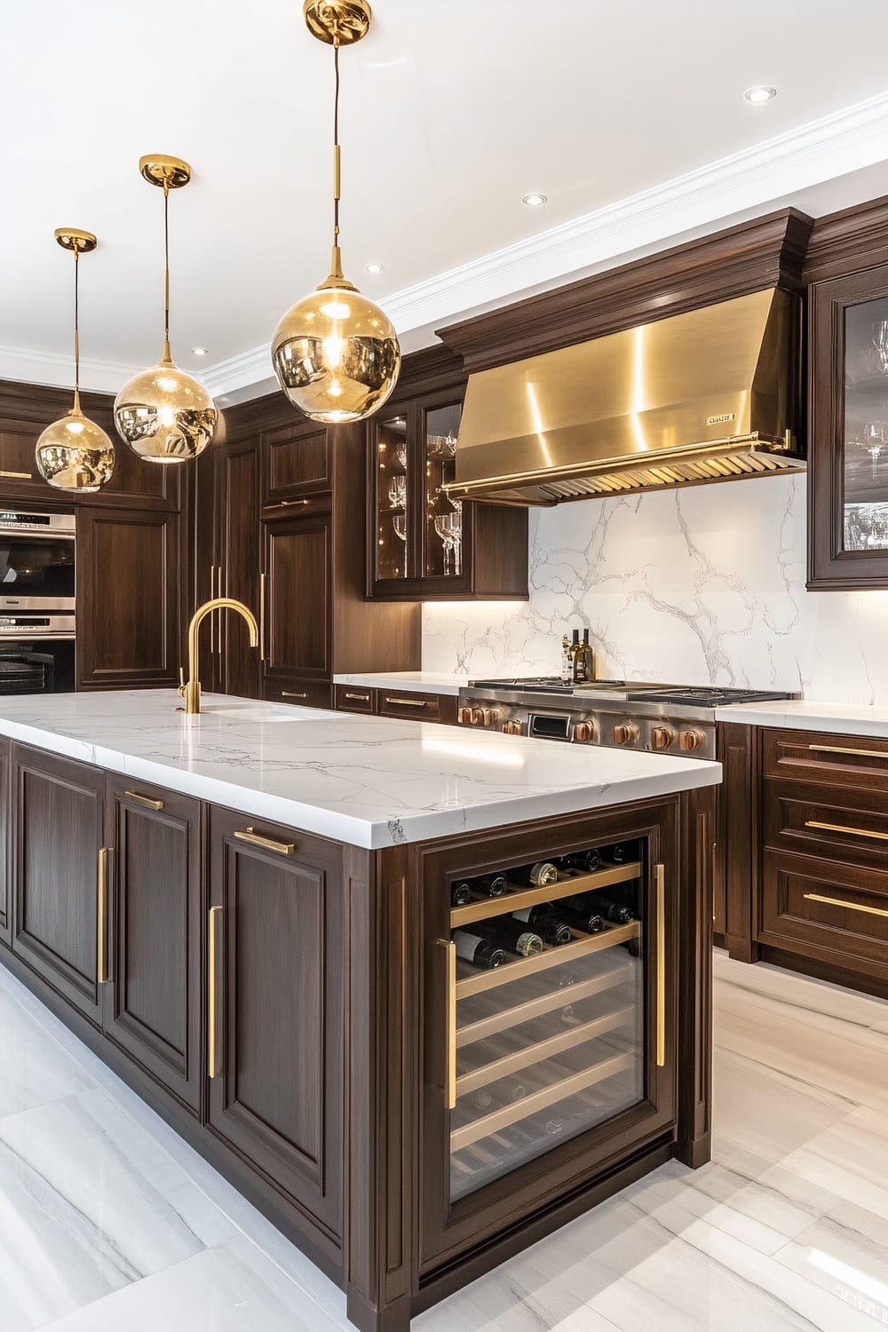 A luxurious kitchen is shown, featuring rich, dark wooden cabinetry with gold accents. A large island with a white marble countertop and a built-in wine cooler dominates the center. Above the island hang three polished gold spherical pendant lights. The kitchen’s backsplash is white with subtle grey veining, matching the countertop. A gold-toned range hood complements the extravagant brass fixtures and fittings, lending an opulent touch to the overall space.