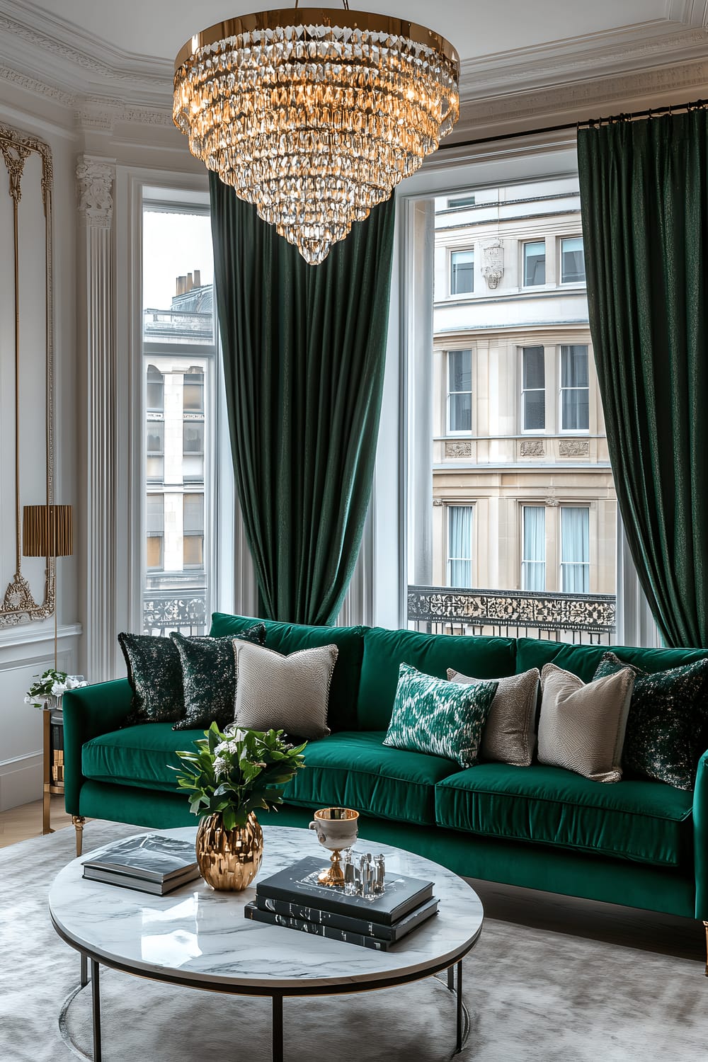 An opulent living room with touches of prestige and extravagance. A sumptuous emerald green velvet sofa is set against marble-accented walls that provide elegance and style. A grand crystal chandelier hangs from the ceiling, casting its sparkling light over a marble coffee table in the room's center. The panoramic windows are covered with intricate, heavy drapes and offer views of the elegant Mayfair streets. The room embodying high-end finishes and timeless luxury harmoniously interweaves classic and modern design elements.