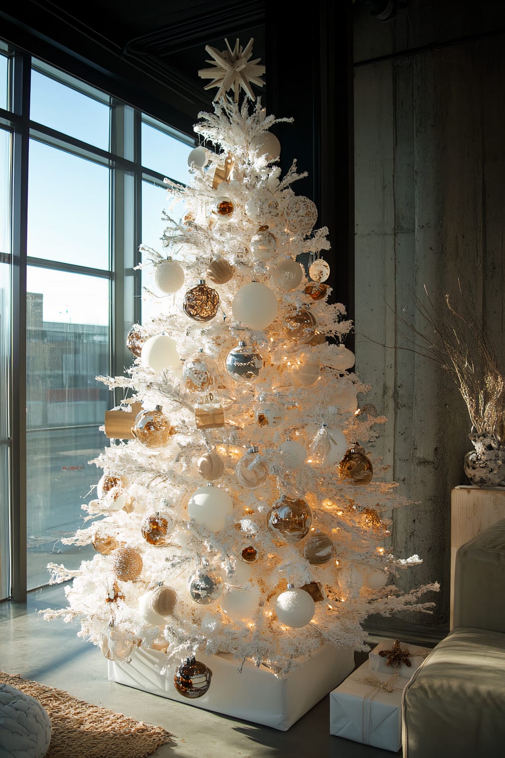 A white Christmas tree decorated with eco-friendly, recycled glass ornaments, burlap ribbons, and handmade decorations. The tree is set in a modern living space with natural and ambient lighting streaming through large windows. The ornaments include a mix of white, silver, and golden hues, and several wrapped gift boxes sit at the base of the tree.