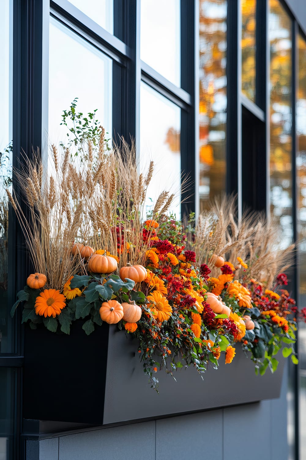 A rectangular black planter box filled with vibrant orange and red flowers, small pumpkins, and tall wheat stalks is mounted on a modern building's exterior wall with large glass windows. The seasonal decor creates an autumnal, harvest-themed display against the reflective windows of the building.